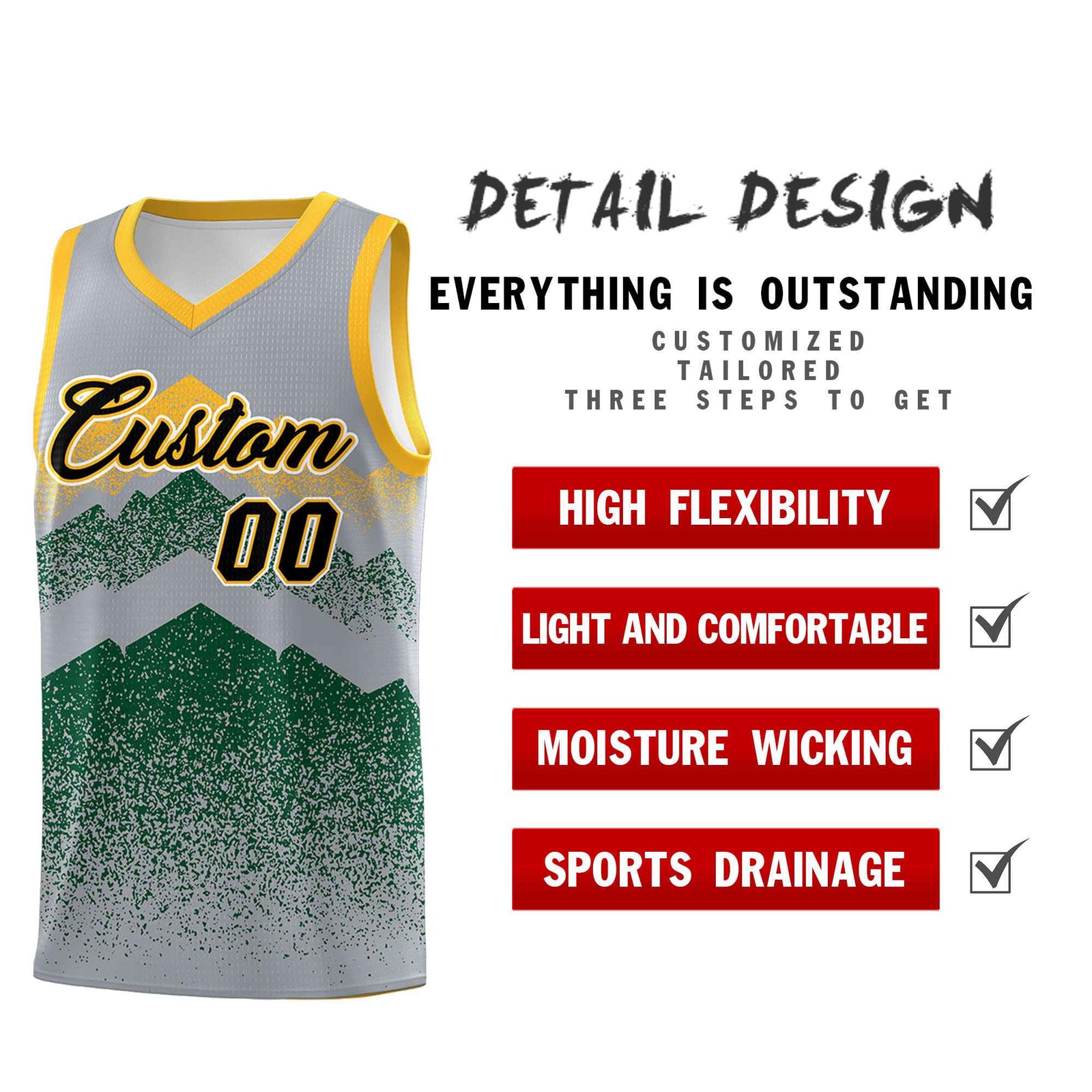 Personalized Youth Basketball Jerseys Gray Green Gradient Mountain Design Uniforms