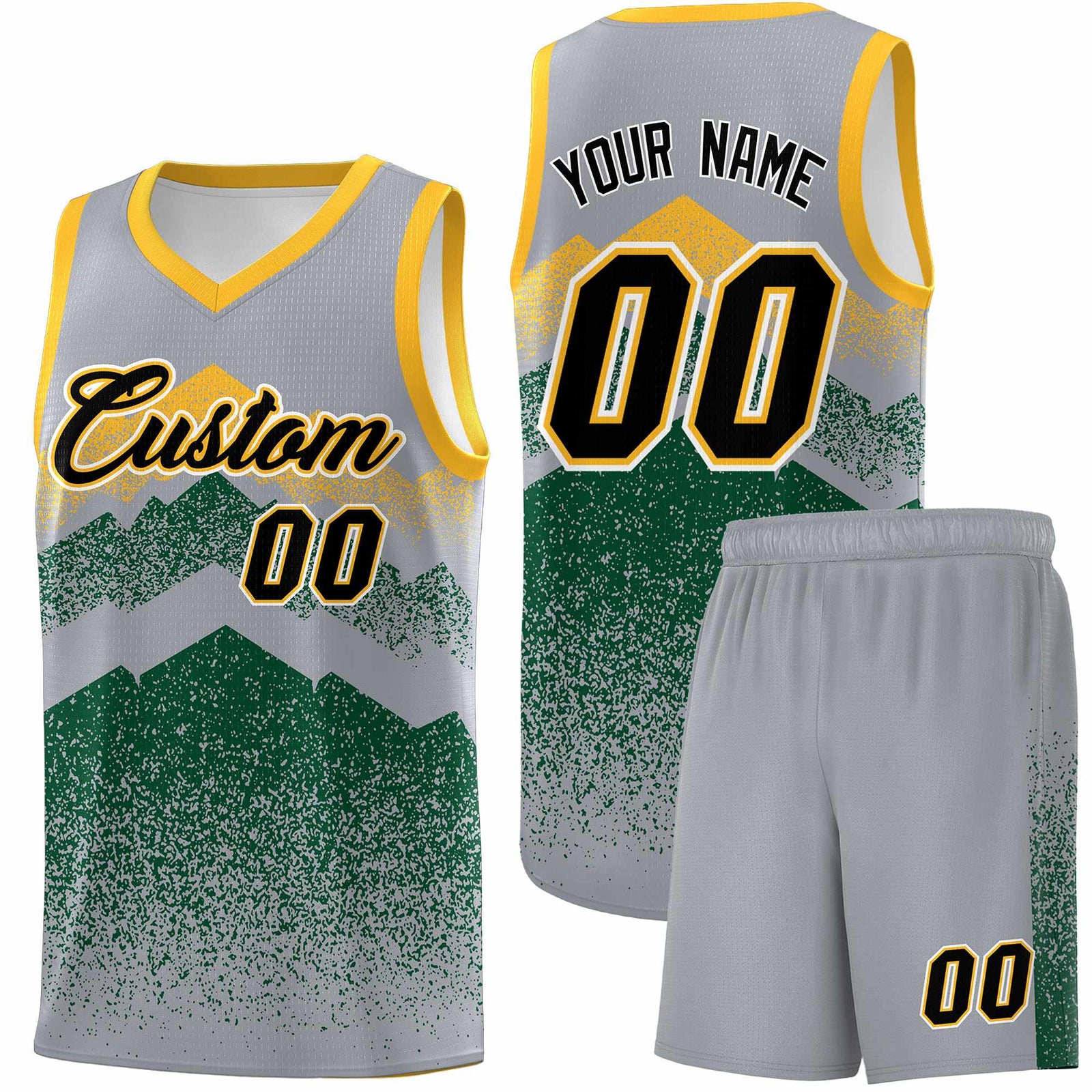 Personalized Youth Basketball Jerseys Gray Green Gradient Mountain Design Uniforms