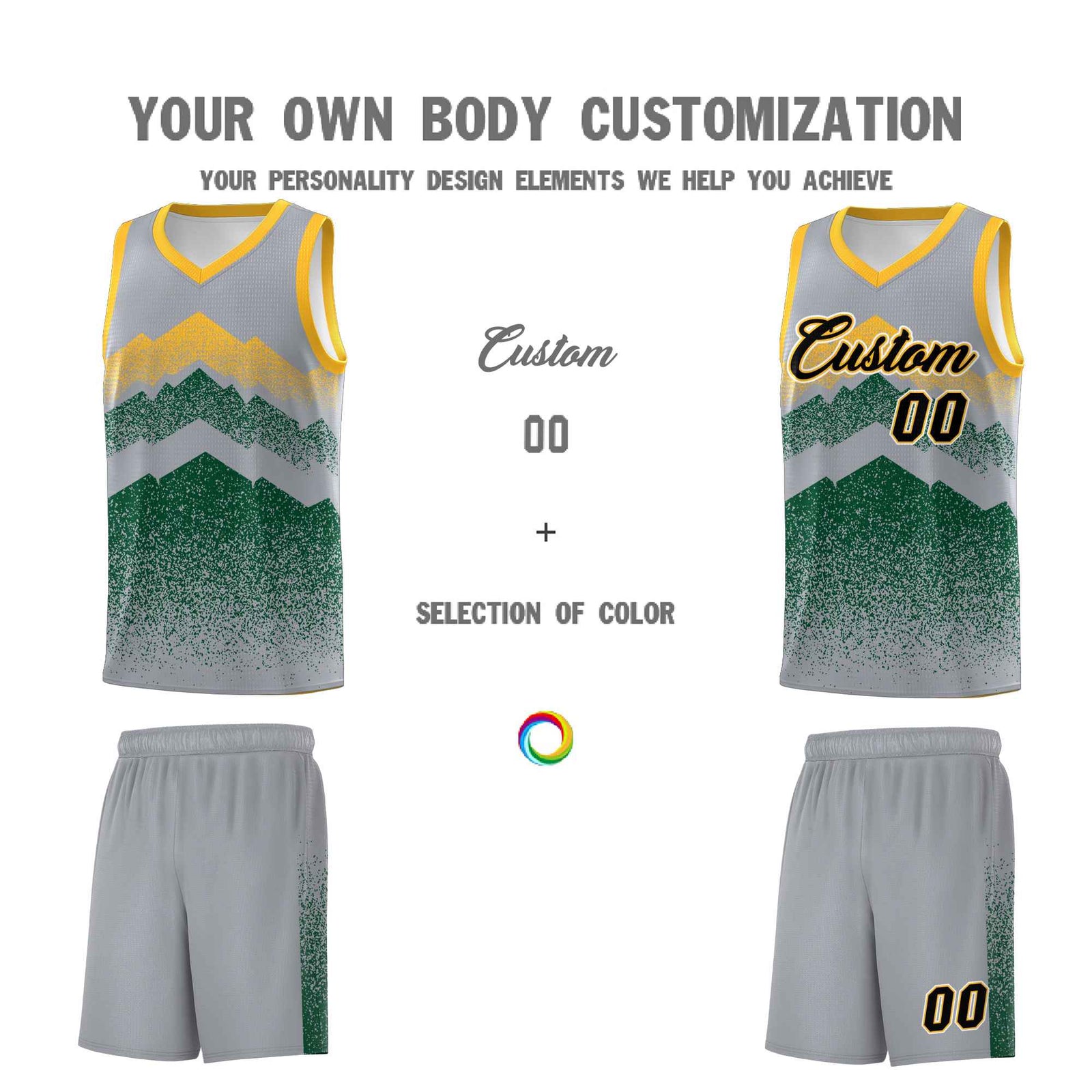 Personalized Youth Basketball Jerseys Gray Green Gradient Mountain Design Uniforms