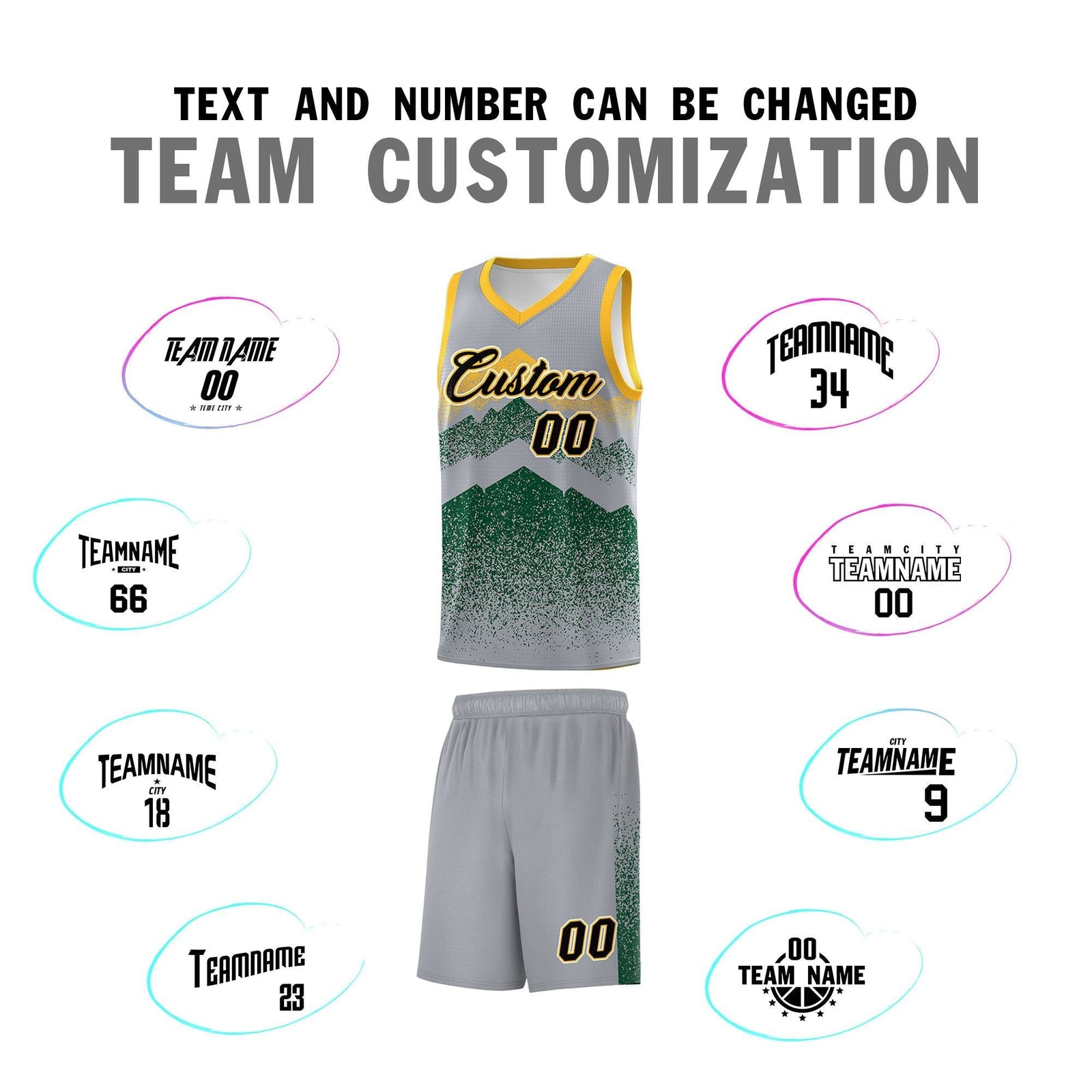 Personalized Youth Basketball Jerseys Gray Green Gradient Mountain Design Uniforms
