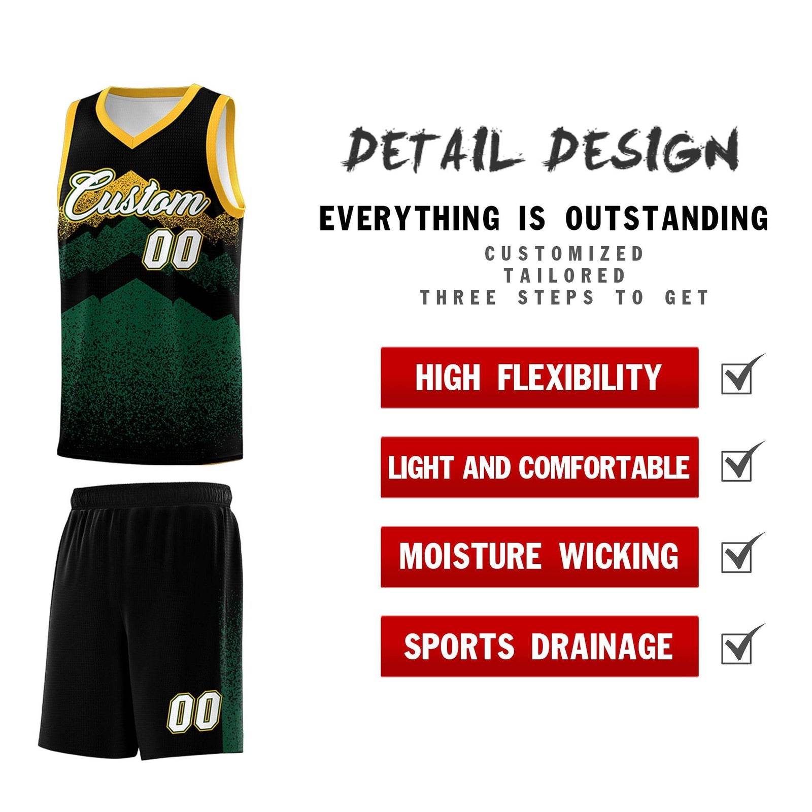 Custom Youth Basketball Jerseys Black Green Gradient Mountain Design Uniforms
