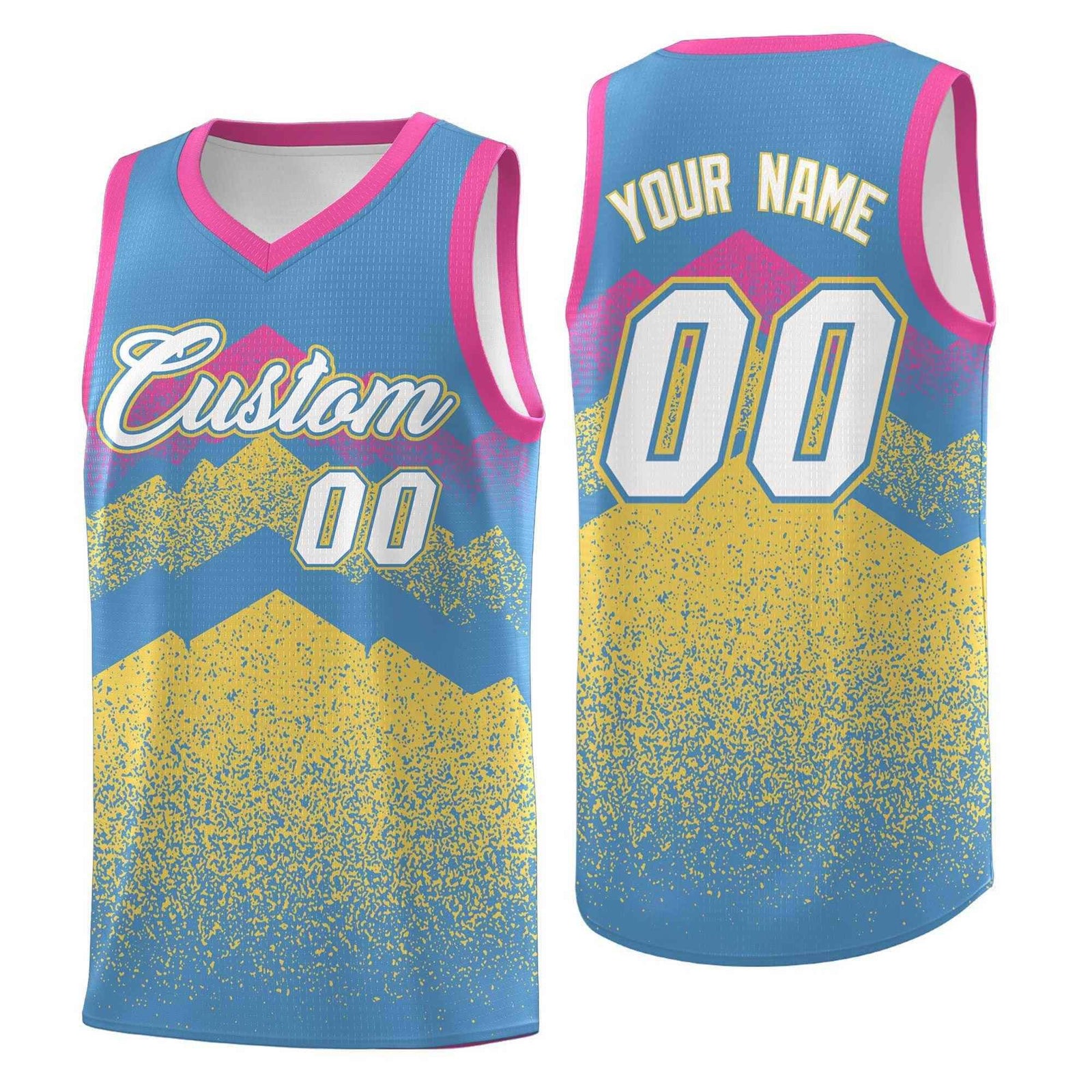 Personalized Youth Basketball Jerseys Light Blue Khaki Gradient Mountain Design Uniforms