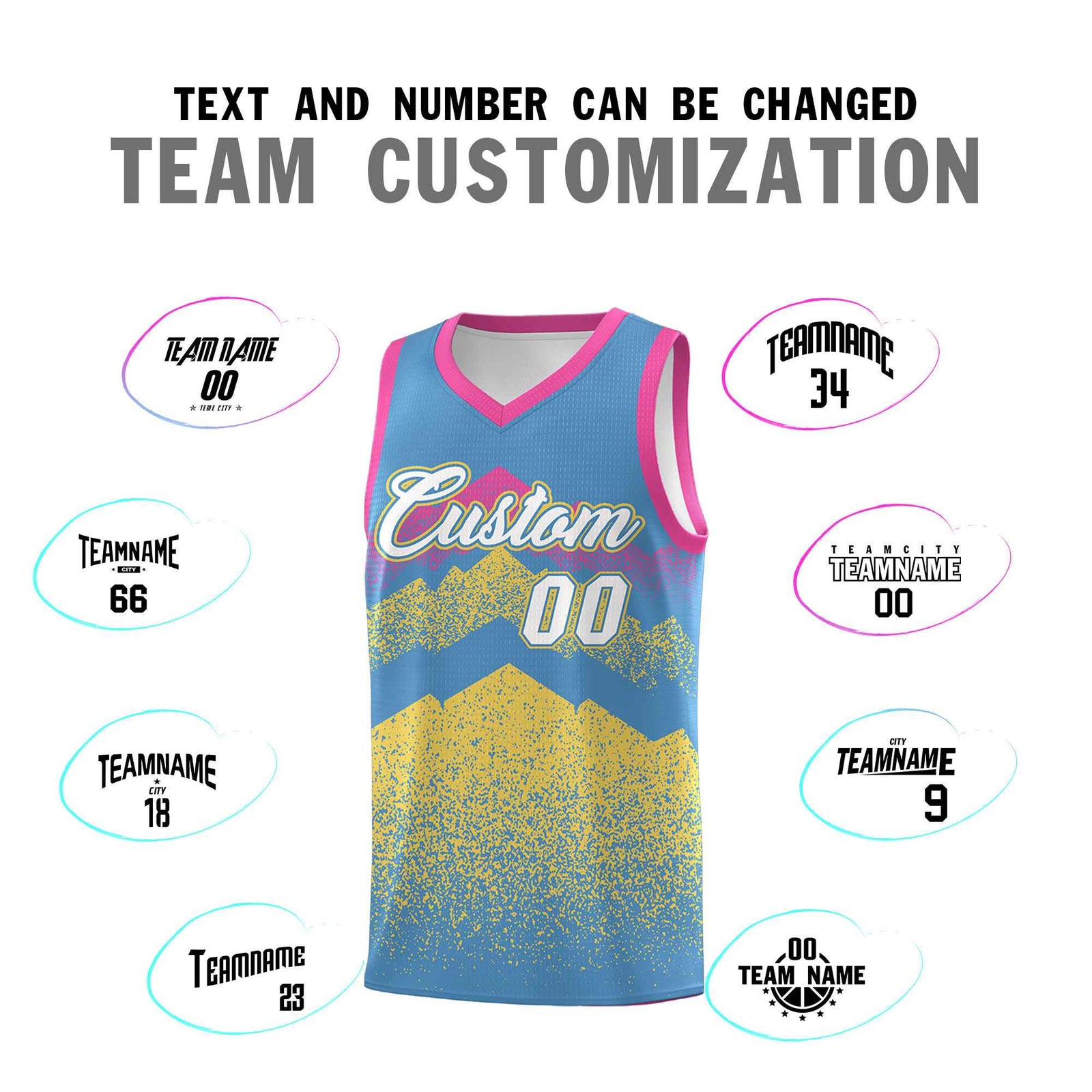 Personalized Youth Basketball Jerseys Light Blue Khaki Gradient Mountain Design Uniforms