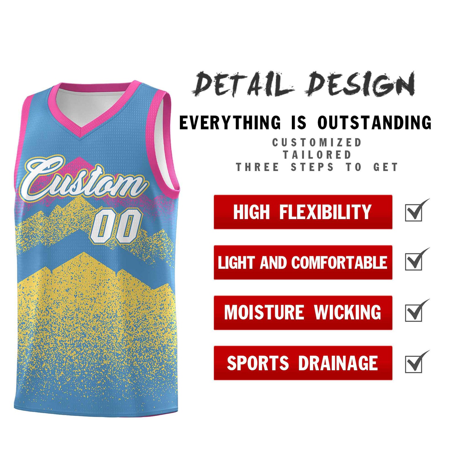 Personalized Youth Basketball Jerseys Light Blue Khaki Gradient Mountain Design Uniforms