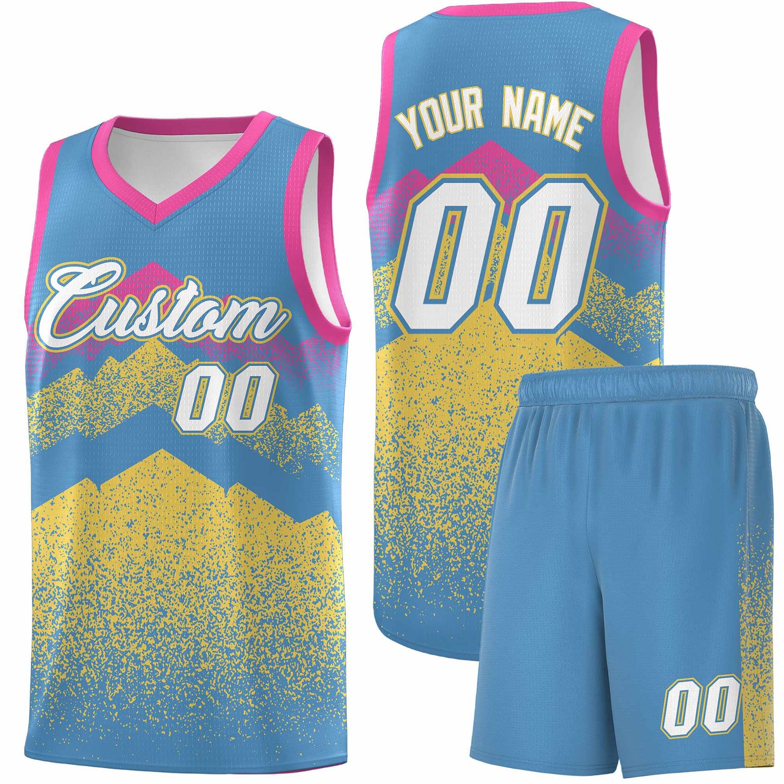 Personalized Youth Basketball Jerseys Light Blue Khaki Gradient Mountain Design Uniforms