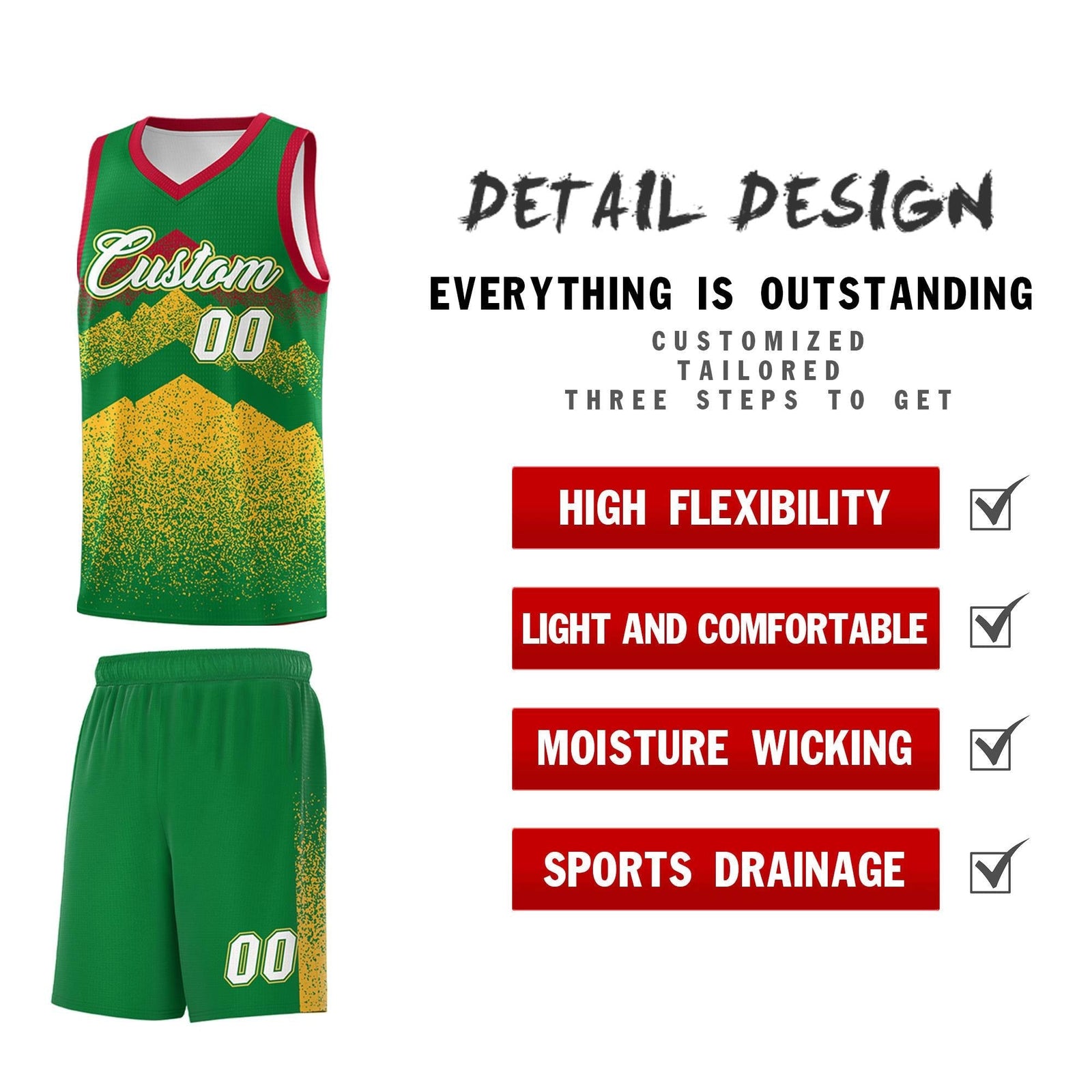 Custom Youth Basketball Jerseys Kelly Green Gold Gradient Mountain Design Uniforms