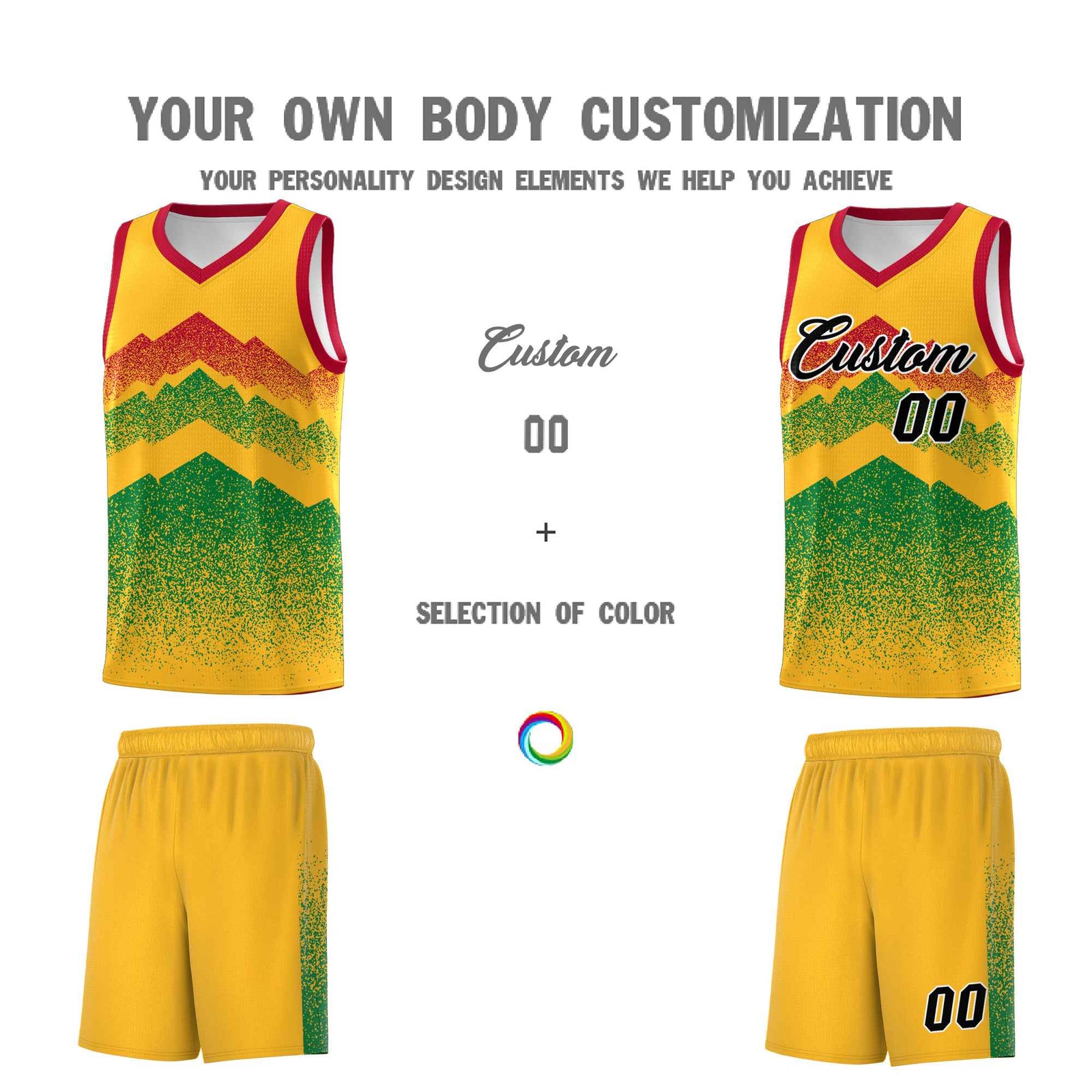 Personalized Youth Basketball Jerseys Gold Kelly Green Gradient Mountain Design Uniforms