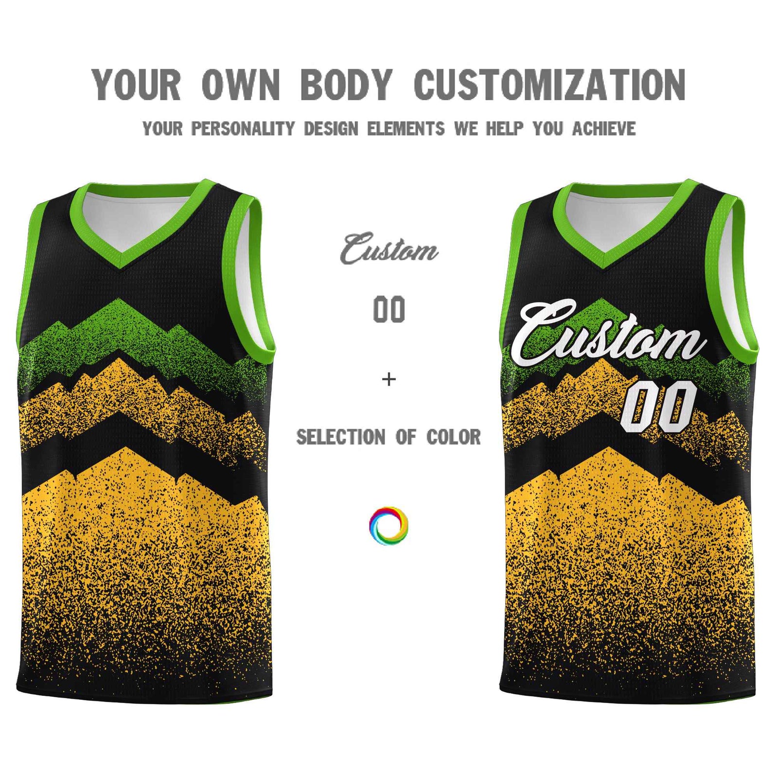 Personalized Youth Basketball Jerseys Black Gold Gradient Mountain Design Uniforms
