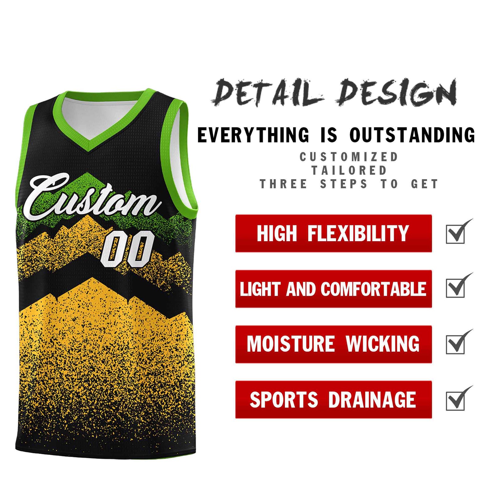 Personalized Youth Basketball Jerseys Black Gold Gradient Mountain Design Uniforms
