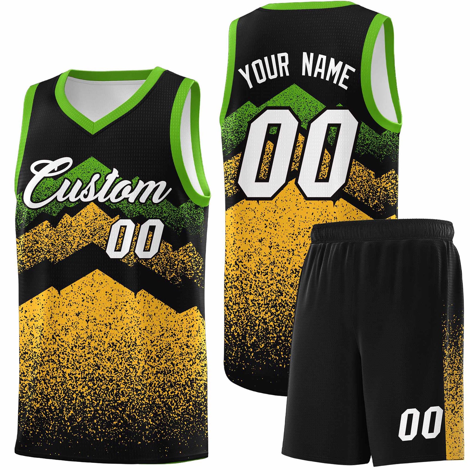 Personalized Youth Basketball Jerseys Black Gold Gradient Mountain Design Uniforms