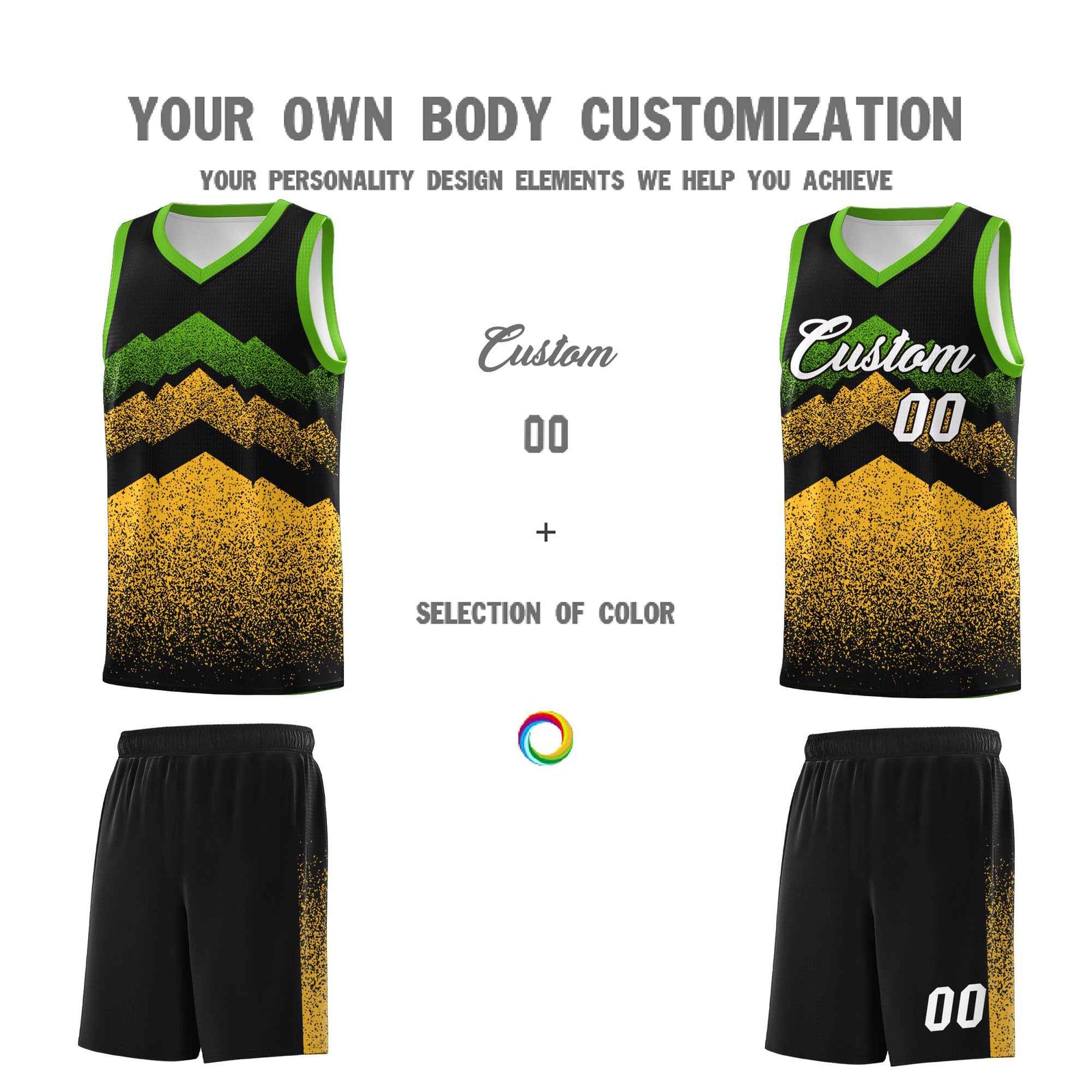 Personalized Youth Basketball Jerseys Black Gold Gradient Mountain Design Uniforms
