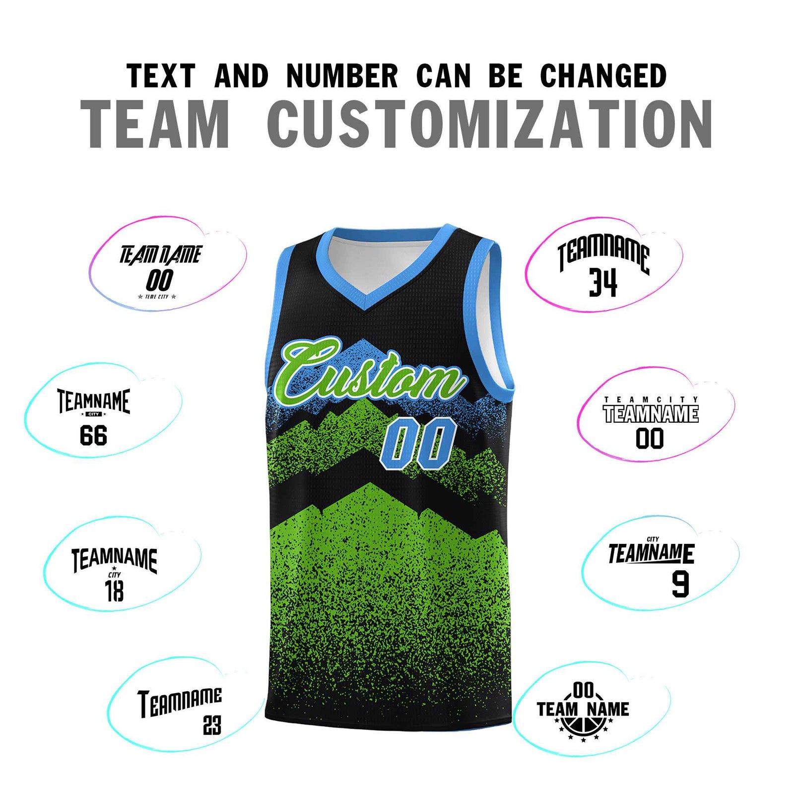 Personalized Youth Basketball Jerseys Black Green Gradient Mountain Design Uniforms