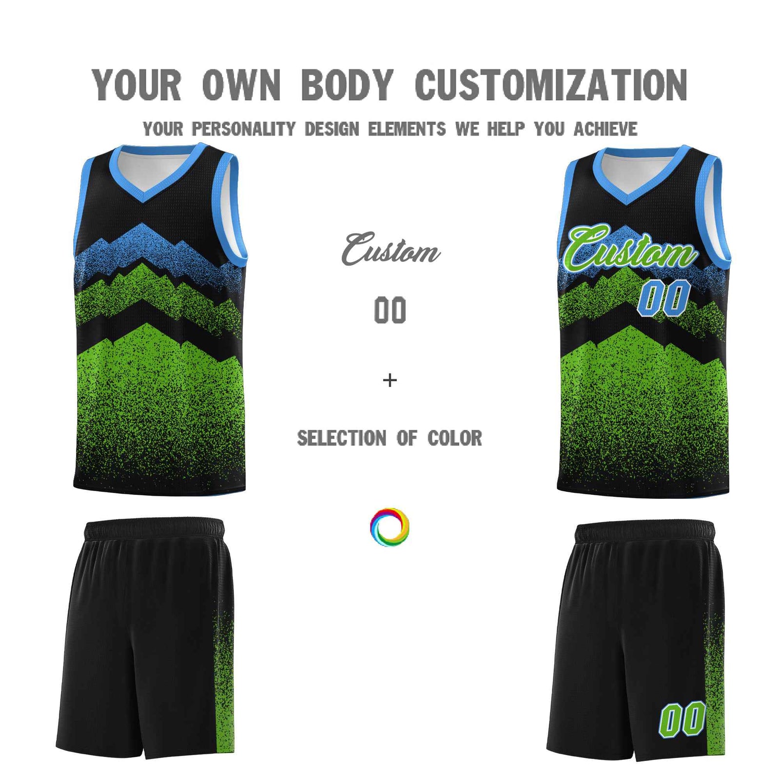 Personalized Youth Basketball Jerseys Black Green Gradient Mountain Design Uniforms