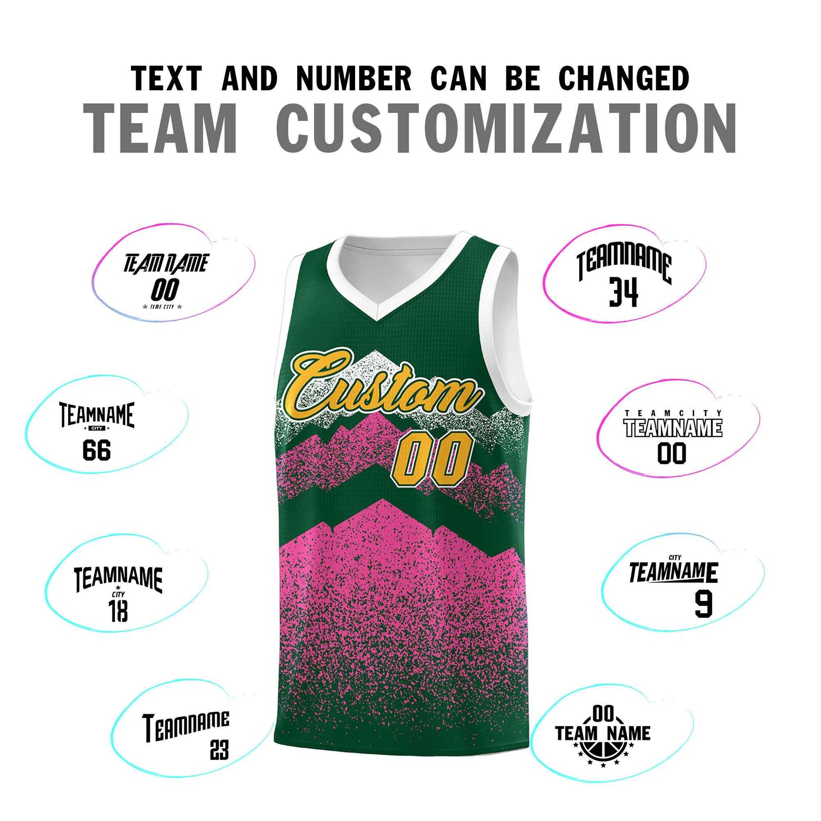 Custom Youth Basketball Jerseys Green Pink Gradient Mountain Design Uniforms
