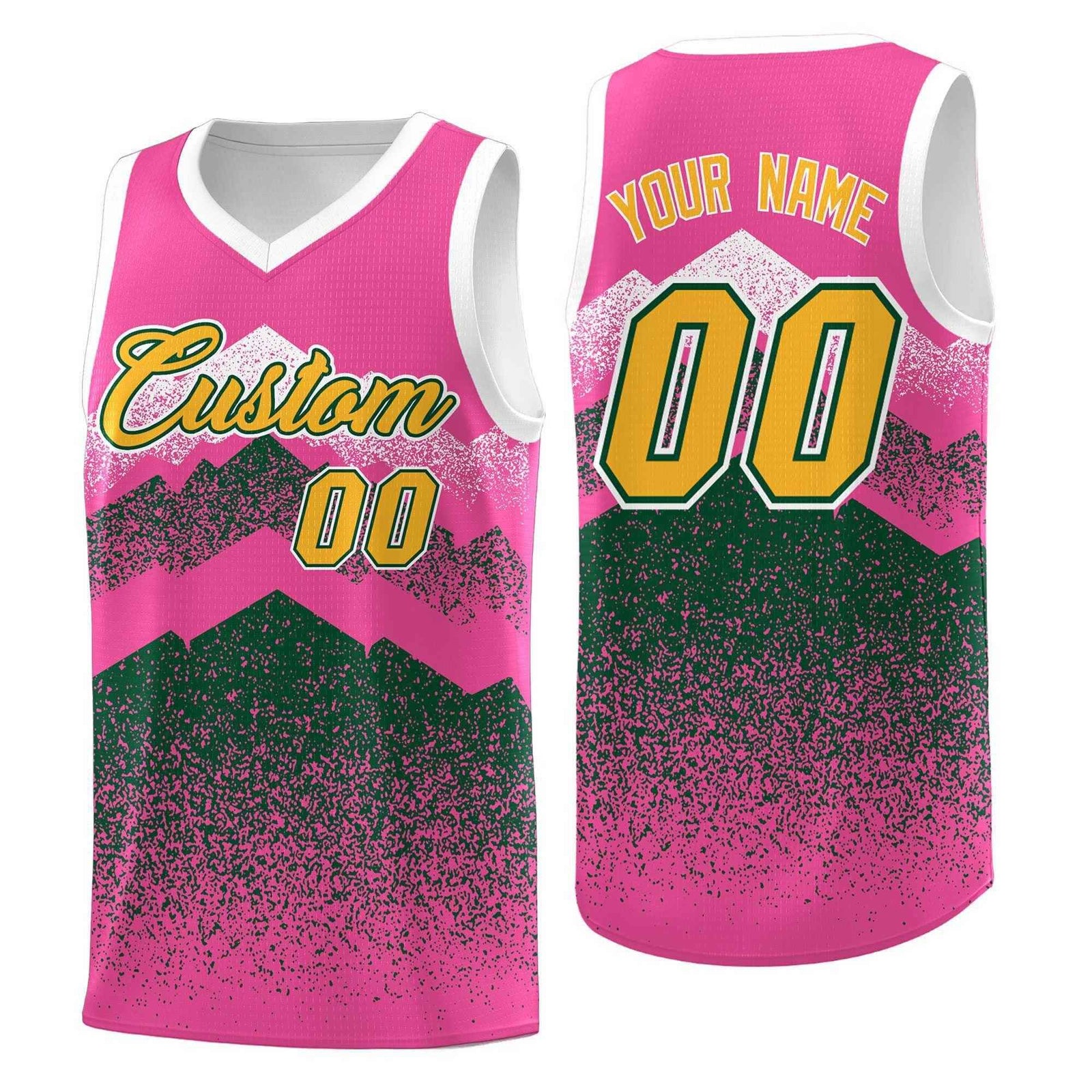 Personalized Youth Basketball Jerseys Pink Green Gradient Mountain Design Uniforms