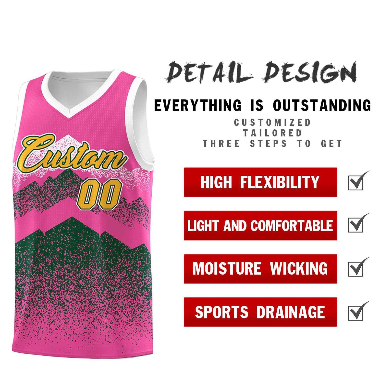 Personalized Youth Basketball Jerseys Pink Green Gradient Mountain Design Uniforms
