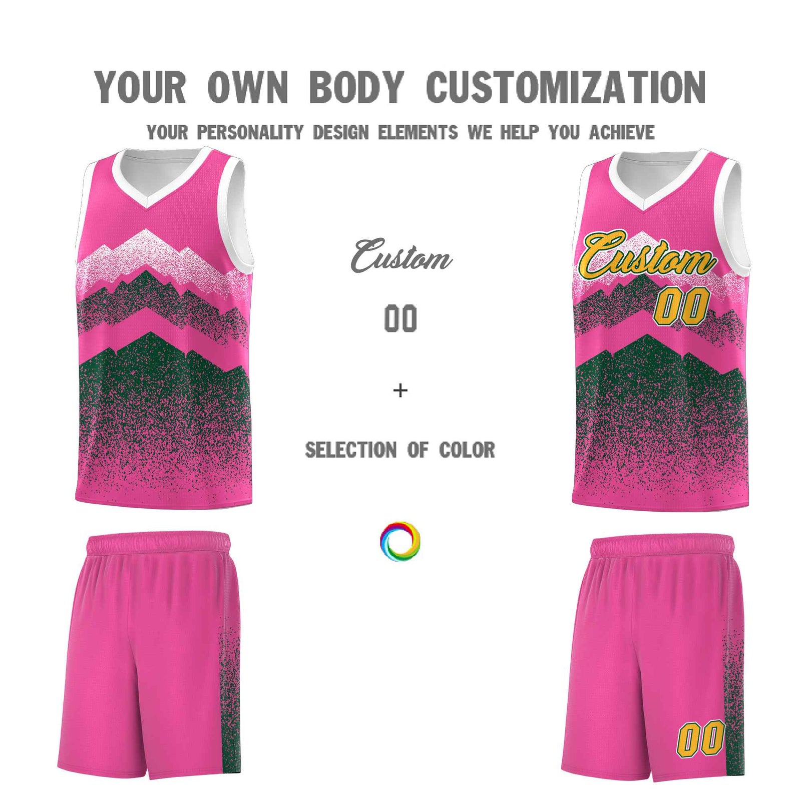 Personalized Youth Basketball Jerseys Pink Green Gradient Mountain Design Uniforms