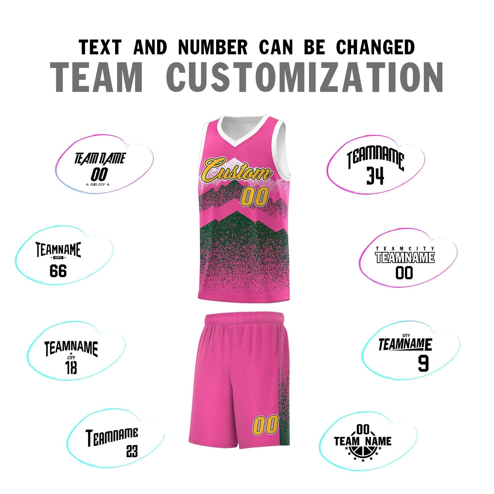 Personalized Youth Basketball Jerseys Pink Green Gradient Mountain Design Uniforms