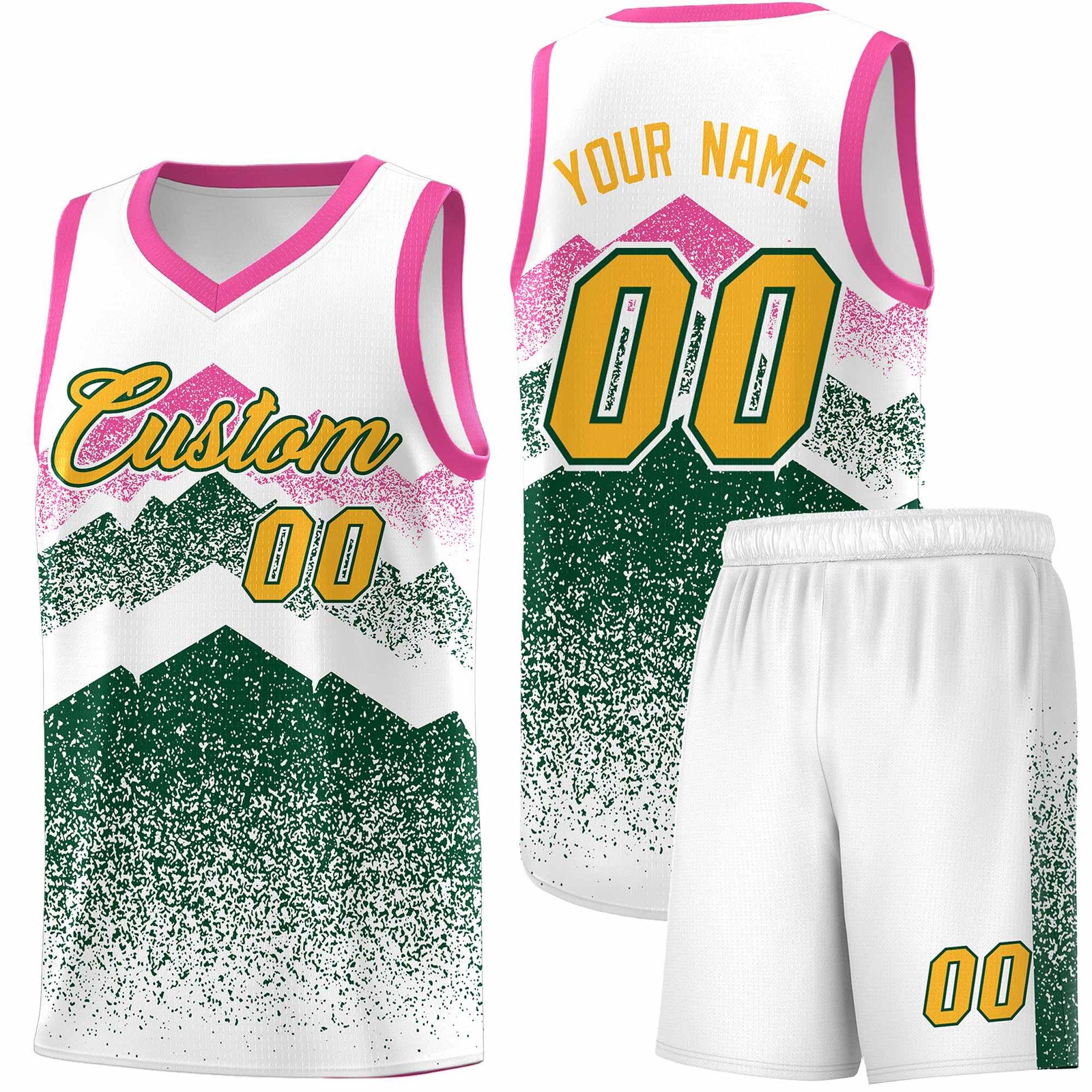 Custom Youth Basketball Jerseys White Green Gradient Mountain Design Uniforms
