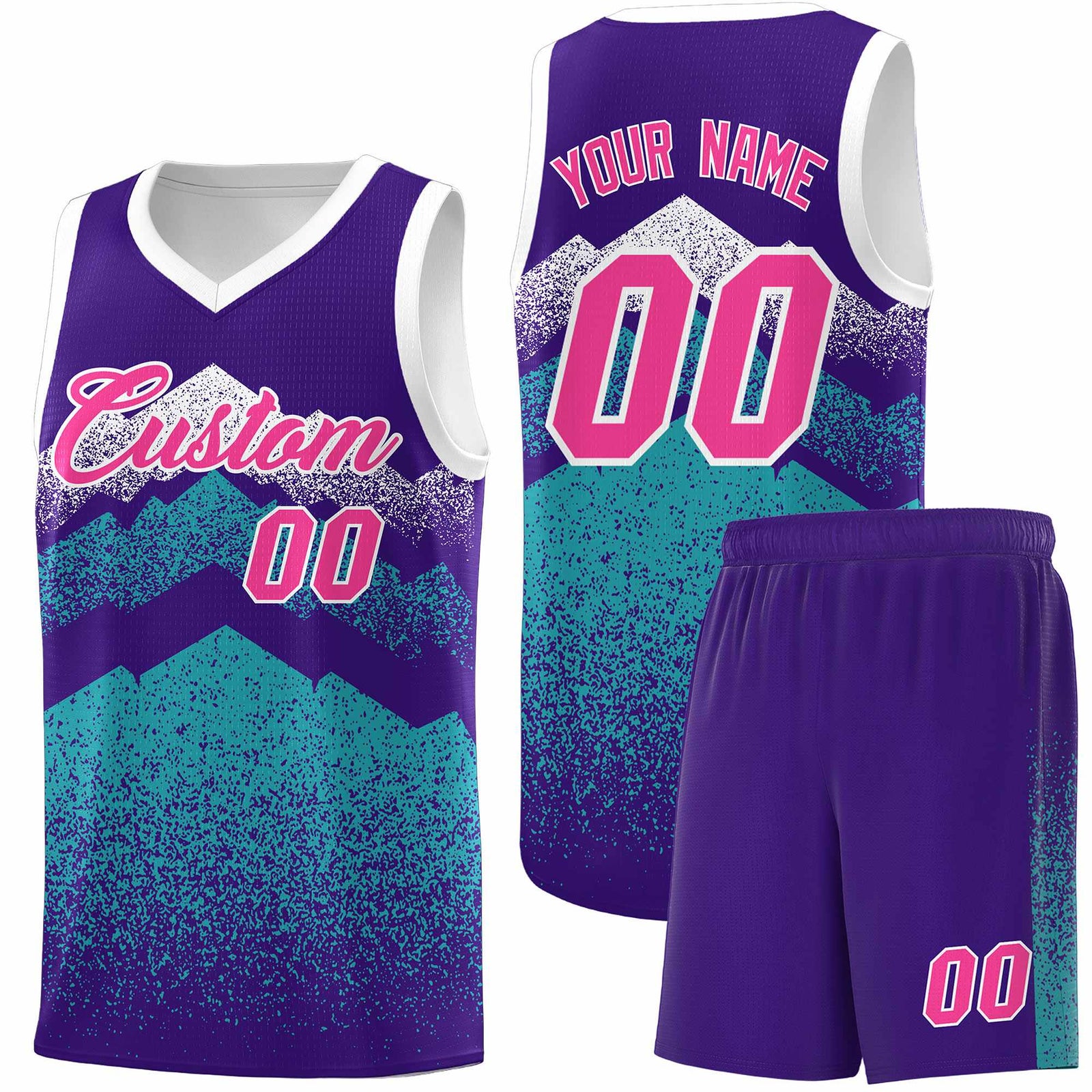 Personalized Youth Basketball Jerseys Purple Aqua Gradient Mountain Design Uniforms