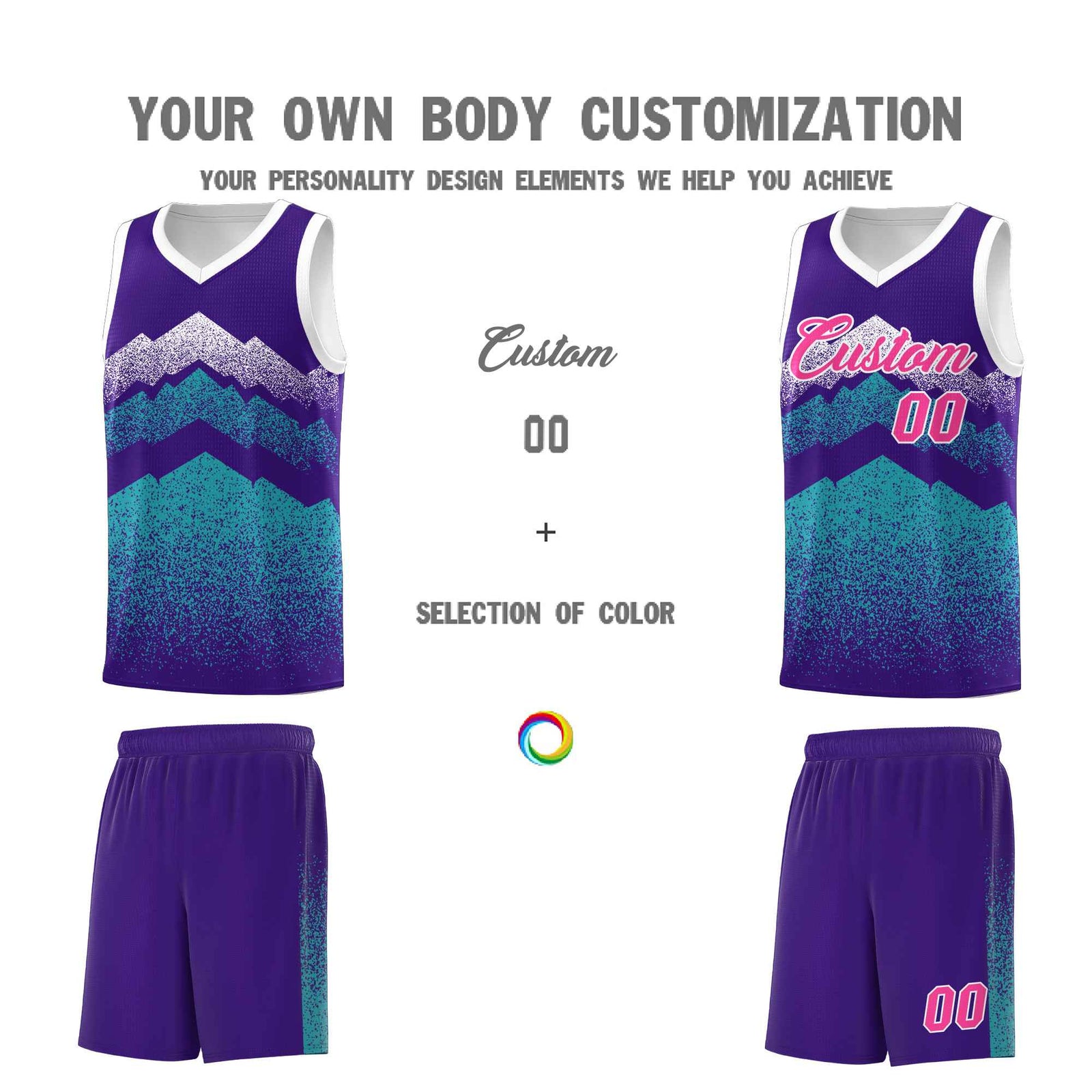Personalized Youth Basketball Jerseys Purple Aqua Gradient Mountain Design Uniforms
