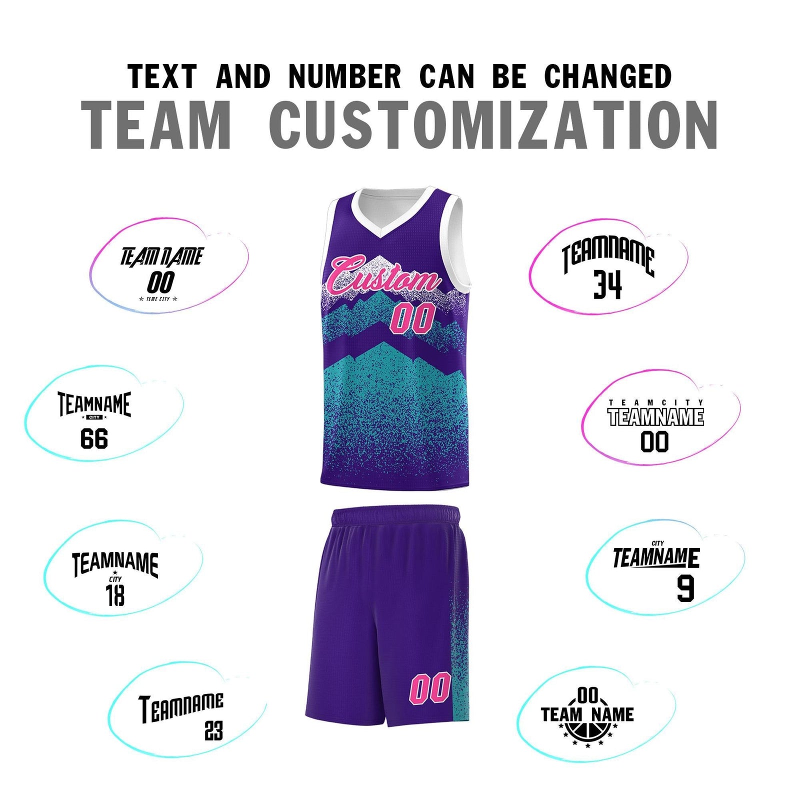 Personalized Youth Basketball Jerseys Purple Aqua Gradient Mountain Design Uniforms