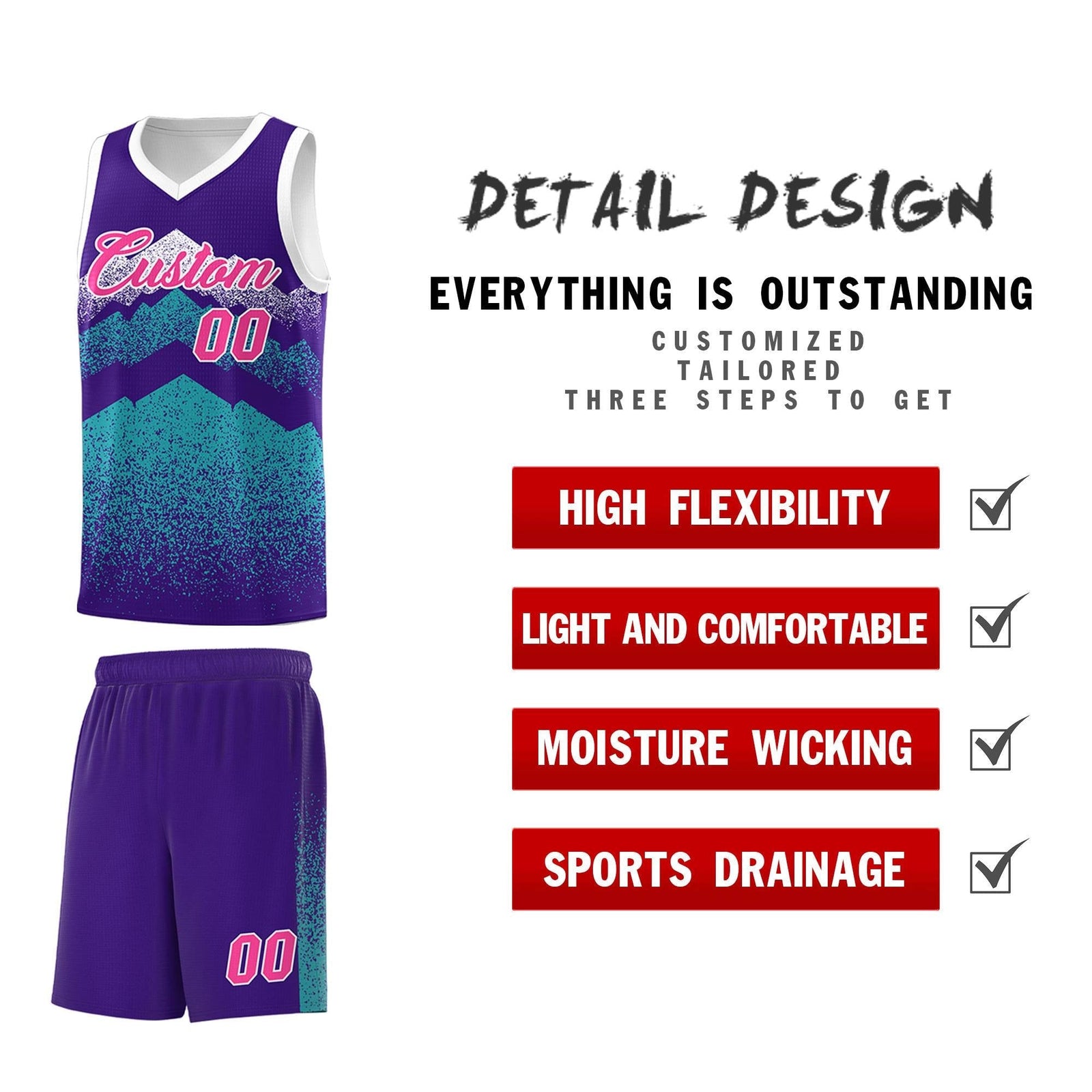 Personalized Youth Basketball Jerseys Purple Aqua Gradient Mountain Design Uniforms