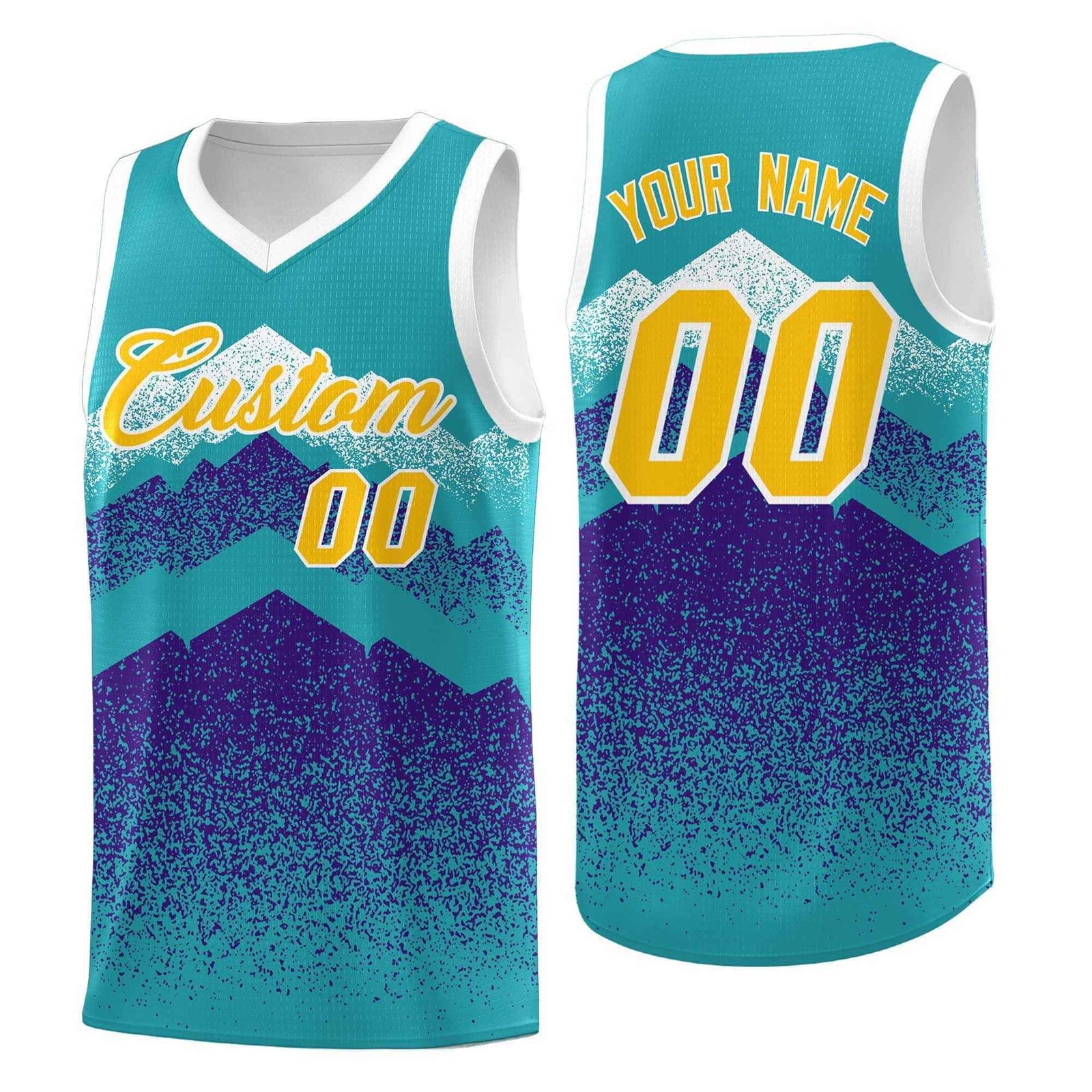 Personalized Youth Basketball Jerseys Aqua Purple Gradient Mountain Design Uniforms