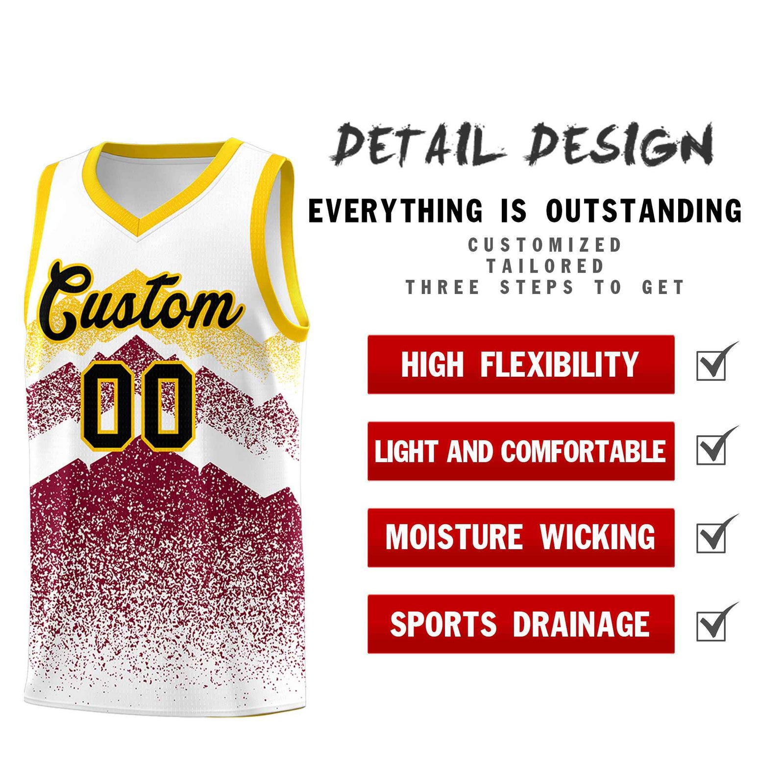 Personalized Youth Basketball Jerseys White Crimson Gradient Mountain Design Uniforms