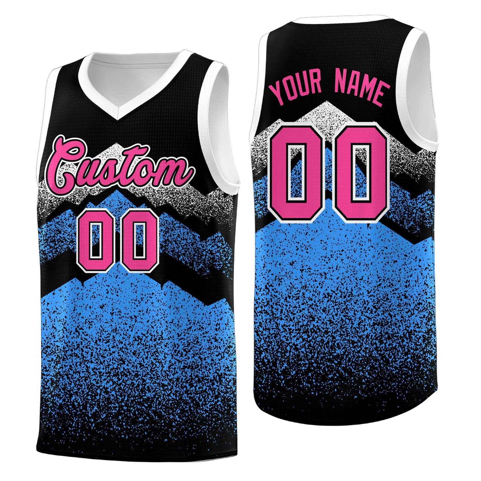 Personalized Youth Basketball Jerseys Black Powder Blue Gradient Mountain Design Uniforms