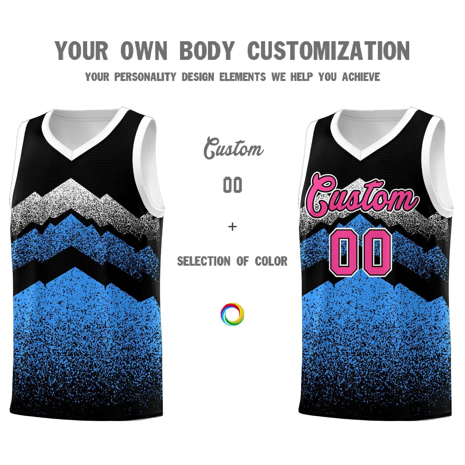 Personalized Youth Basketball Jerseys Black Powder Blue Gradient Mountain Design Uniforms