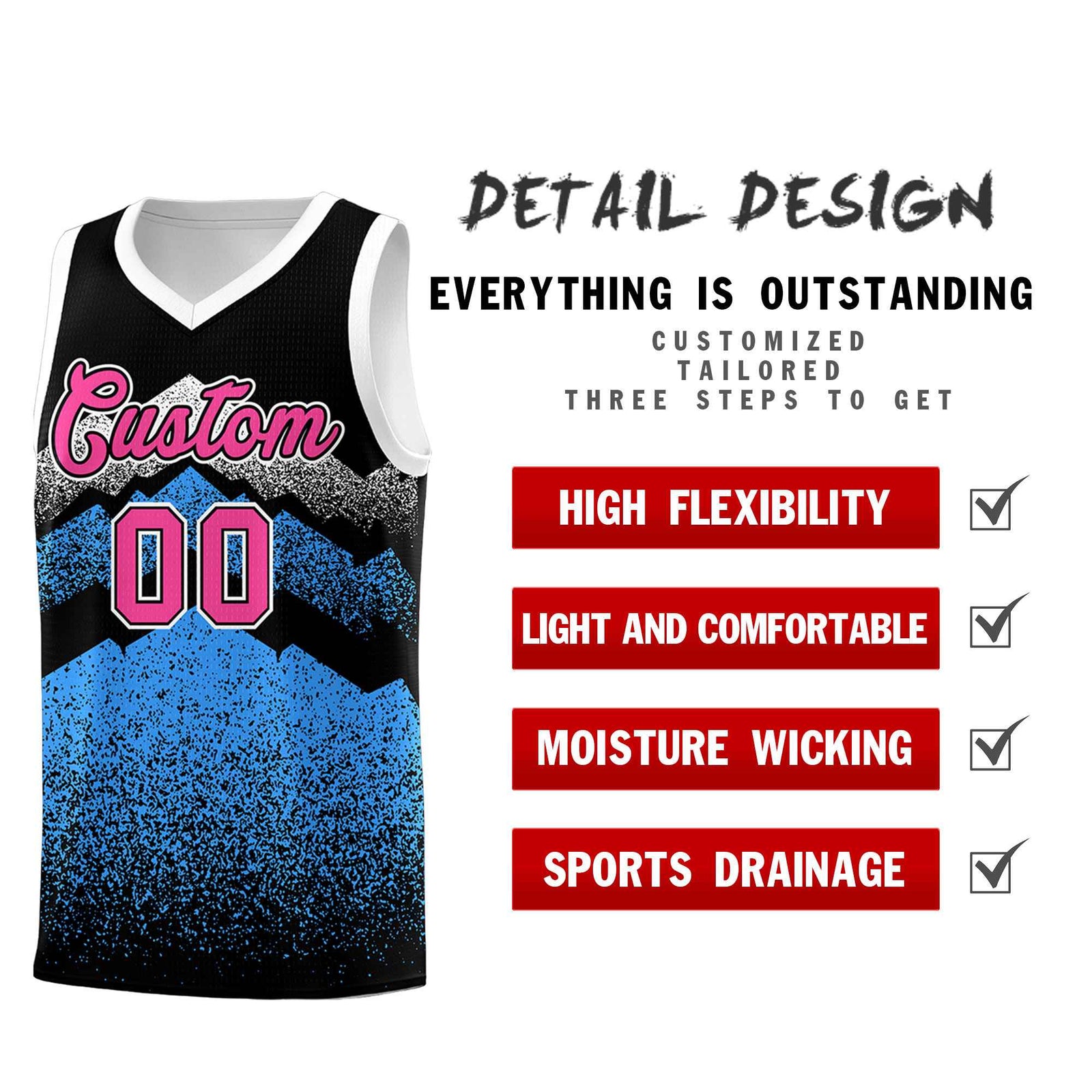 Personalized Youth Basketball Jerseys Black Powder Blue Gradient Mountain Design Uniforms