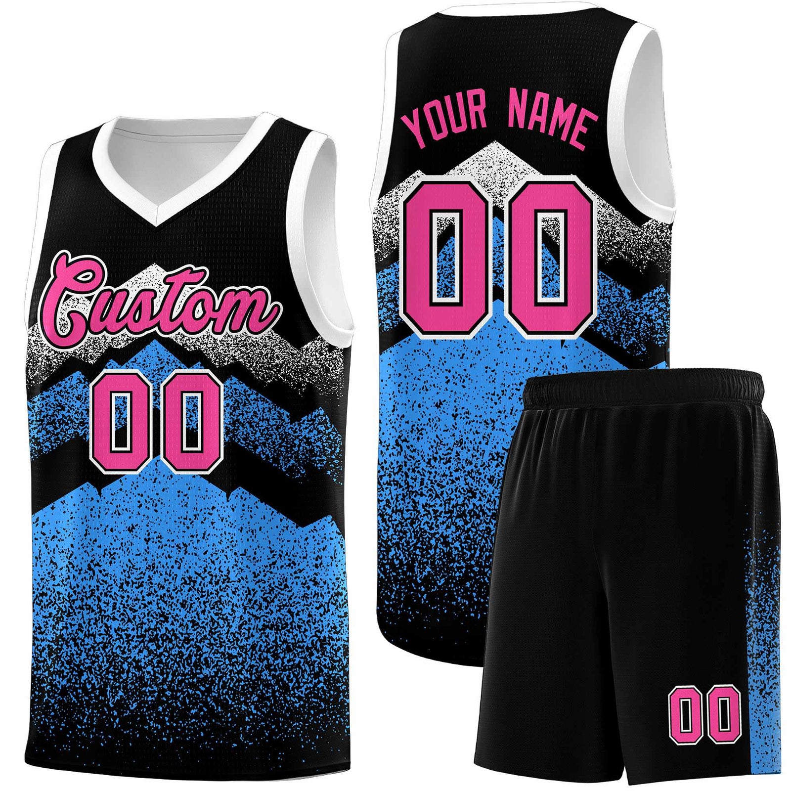 Personalized Youth Basketball Jerseys Black Powder Blue Gradient Mountain Design Uniforms