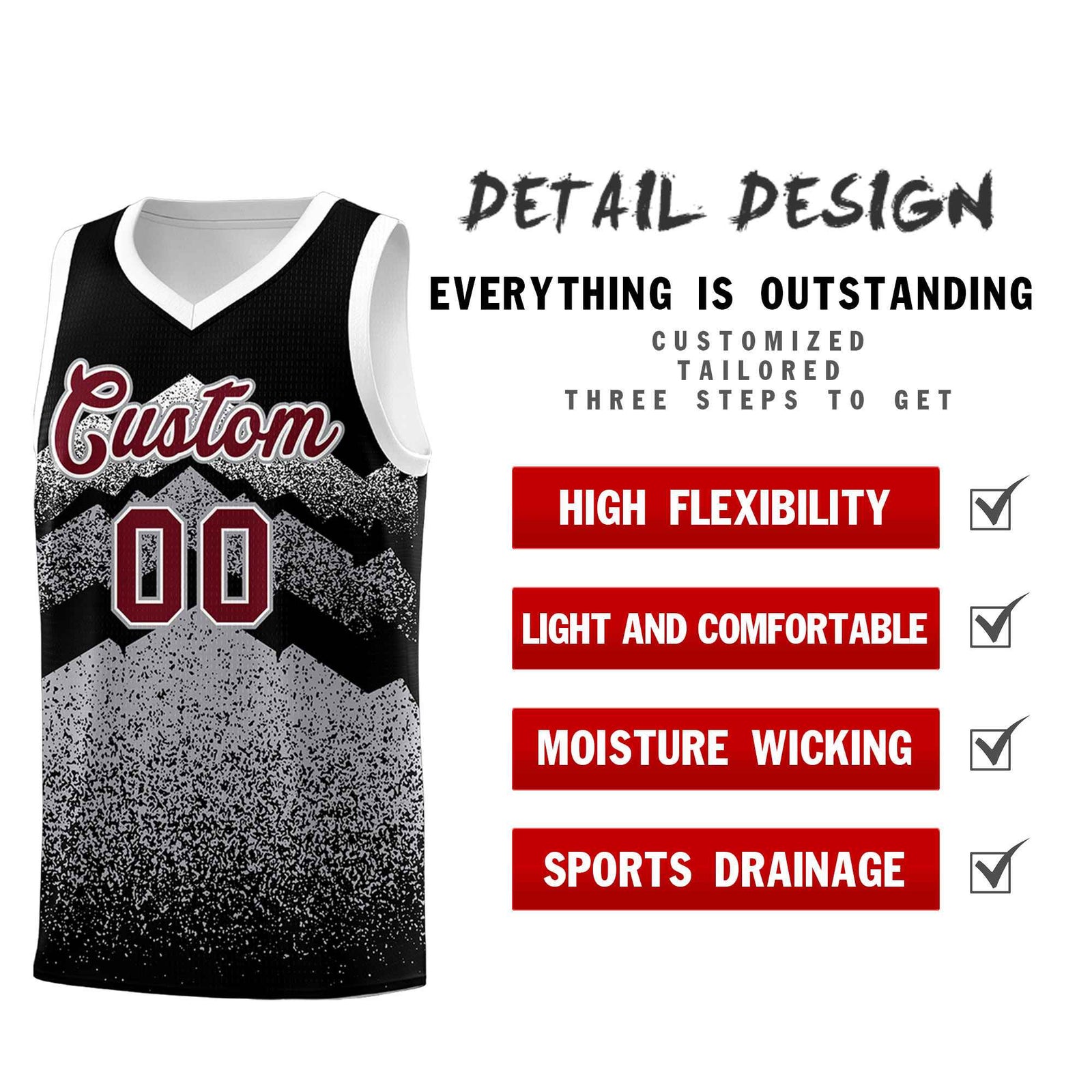Personalized Youth Basketball Jerseys Black Gray Gradient Mountain Design Uniforms