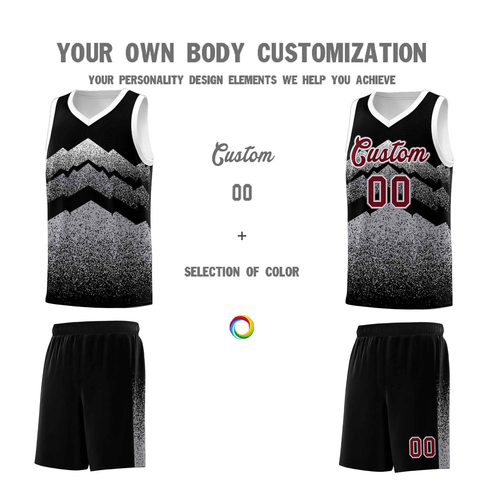 Personalized Youth Basketball Jerseys Black Gray Gradient Mountain Design Uniforms