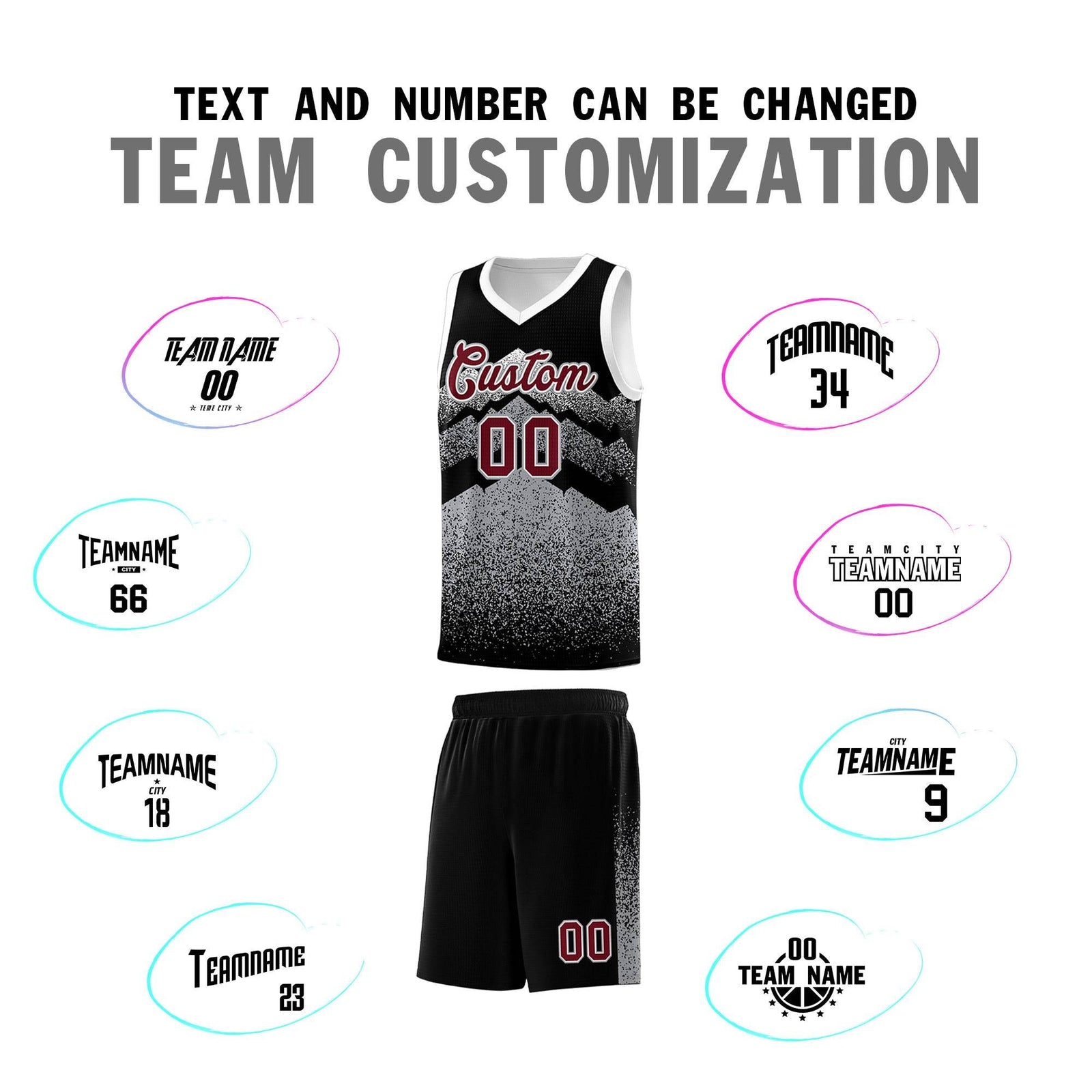 Personalized Youth Basketball Jerseys Black Gray Gradient Mountain Design Uniforms