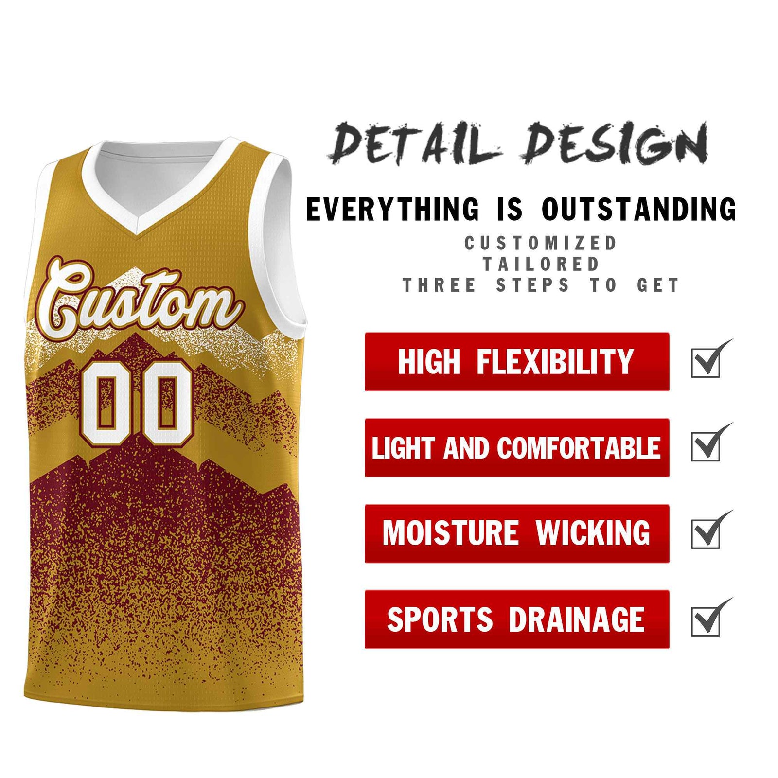 Custom Youth Basketball Jerseys Old Gold Crimson Gradient Mountain Design Uniforms