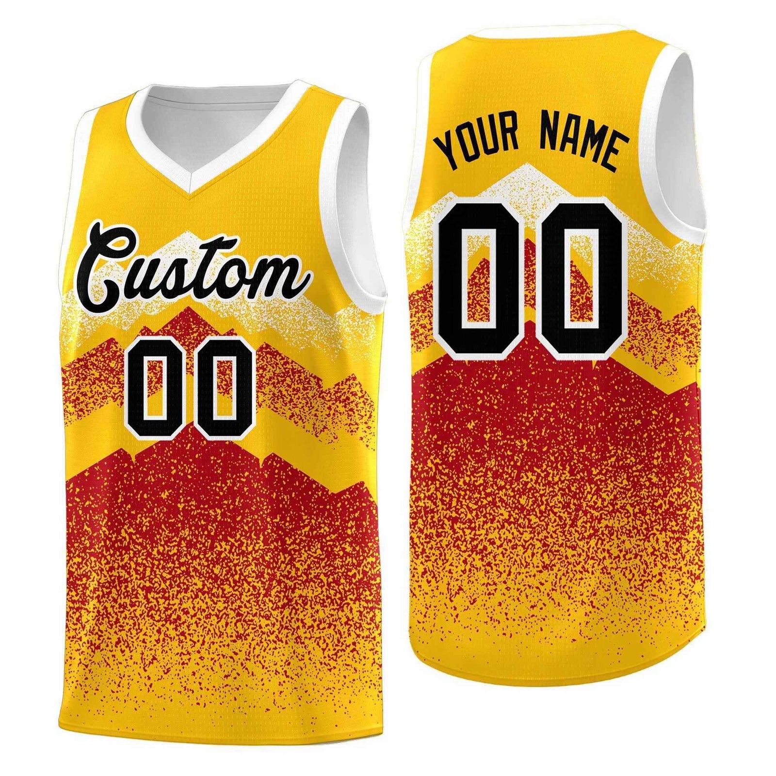 Personalized Youth Basketball Jerseys Gold Red Gradient Mountain Design Uniforms