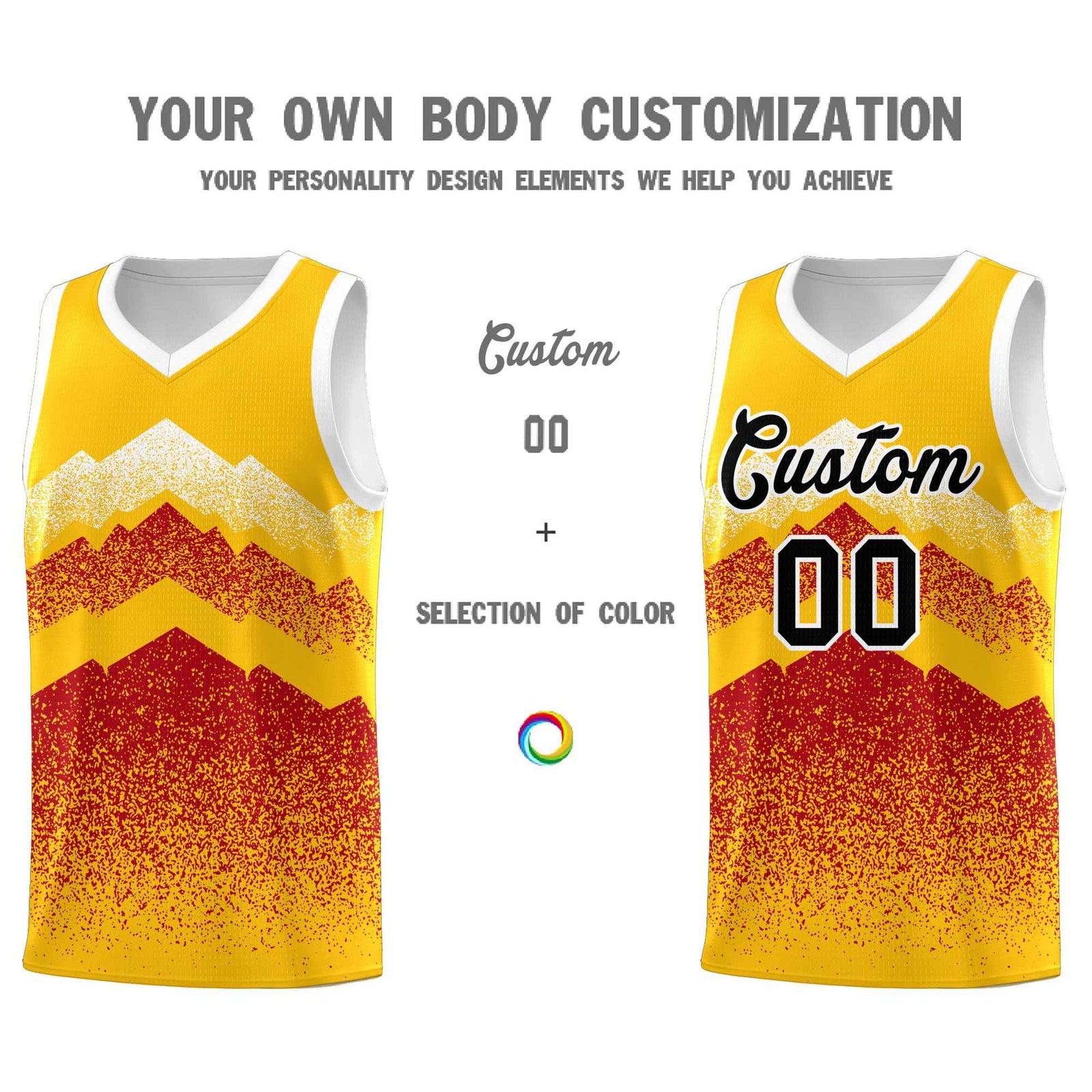 Personalized Youth Basketball Jerseys Gold Red Gradient Mountain Design Uniforms