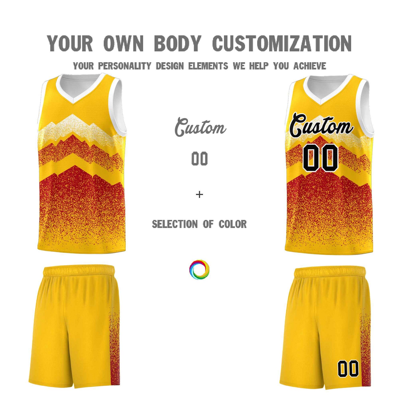 Personalized Youth Basketball Jerseys Gold Red Gradient Mountain Design Uniforms