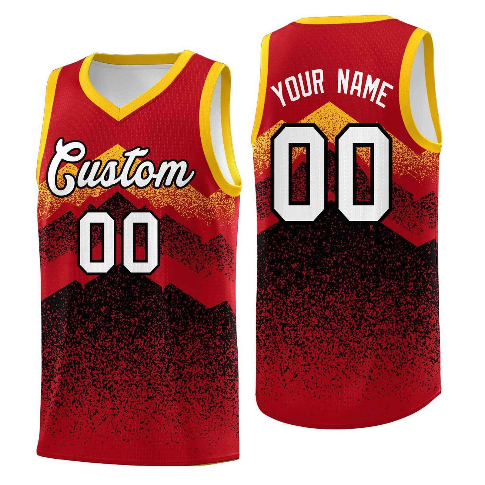 Custom Youth Basketball Jerseys Red Black Gradient Mountain Design Uniforms