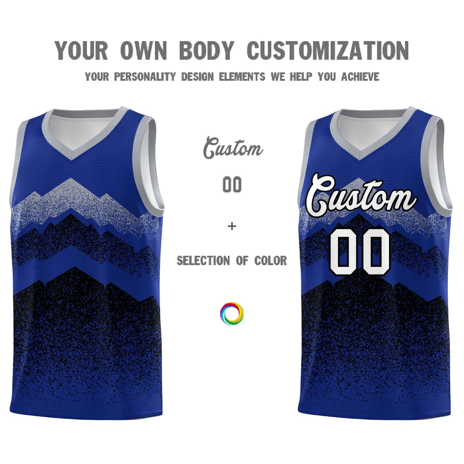 Personalized Youth Basketball Jerseys Royal Black Gradient Mountain Design Uniforms