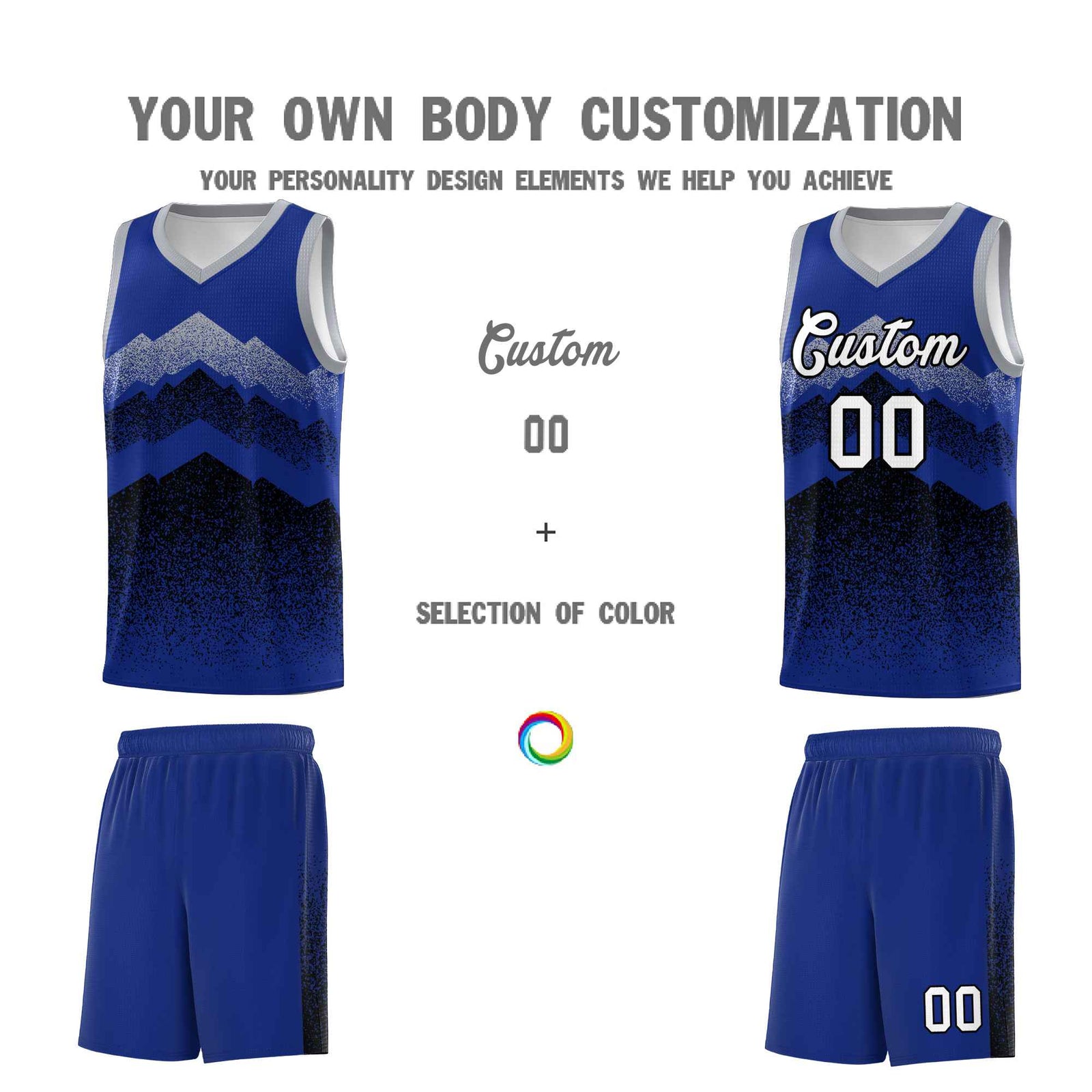 Personalized Youth Basketball Jerseys Royal Black Gradient Mountain Design Uniforms