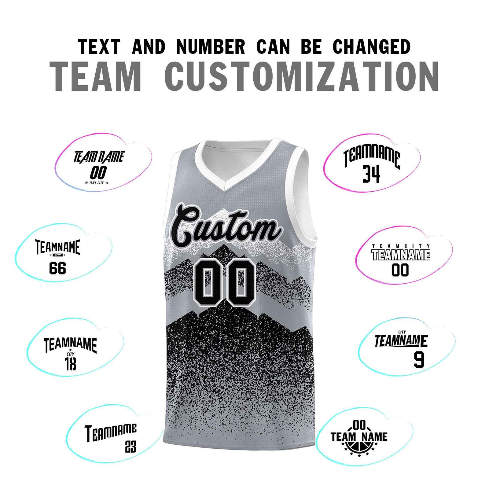 Personalized Youth Basketball Jerseys Gray Black Gradient Mountain Design Uniforms
