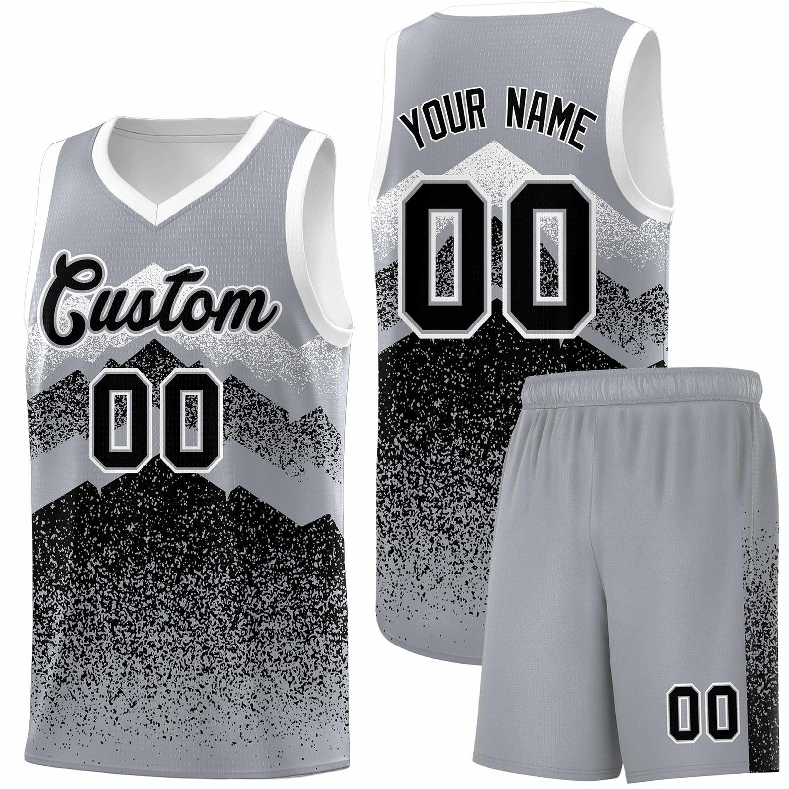 Personalized Youth Basketball Jerseys Gray Black Gradient Mountain Design Uniforms