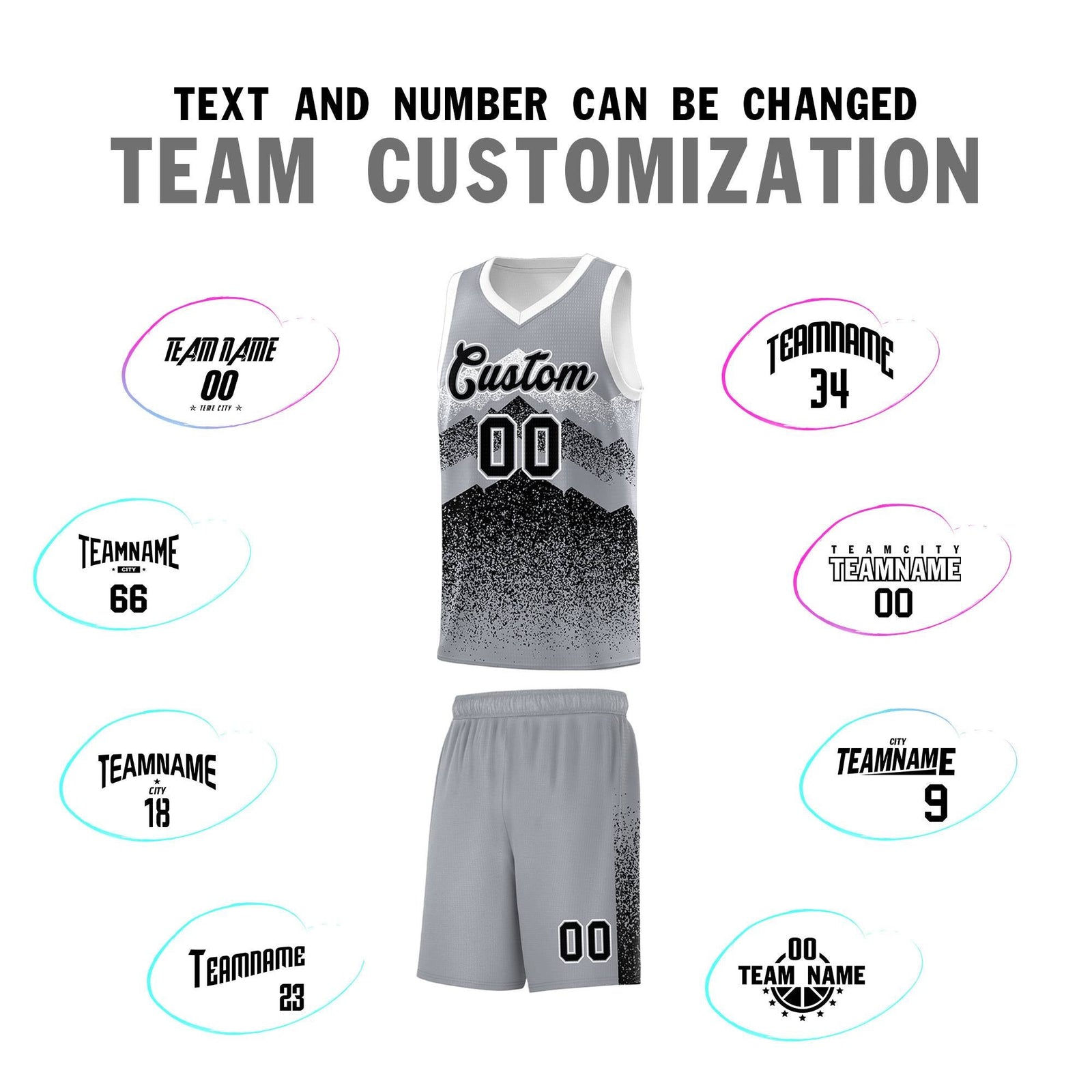 Personalized Youth Basketball Jerseys Gray Black Gradient Mountain Design Uniforms