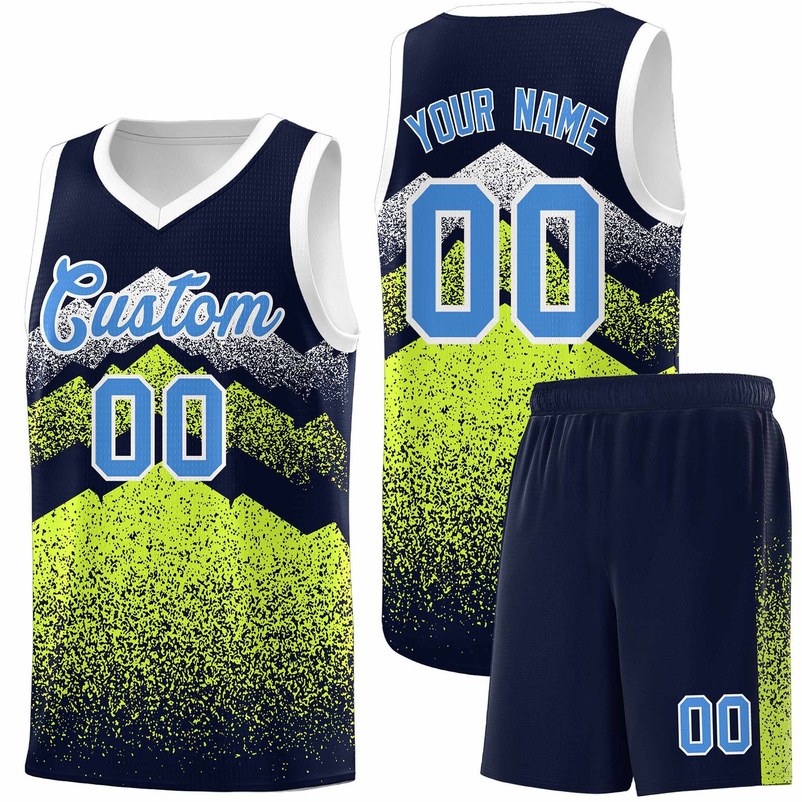 Personalized Youth Basketball Jerseys Navy Neon Green Gradient Mountain Design Uniforms