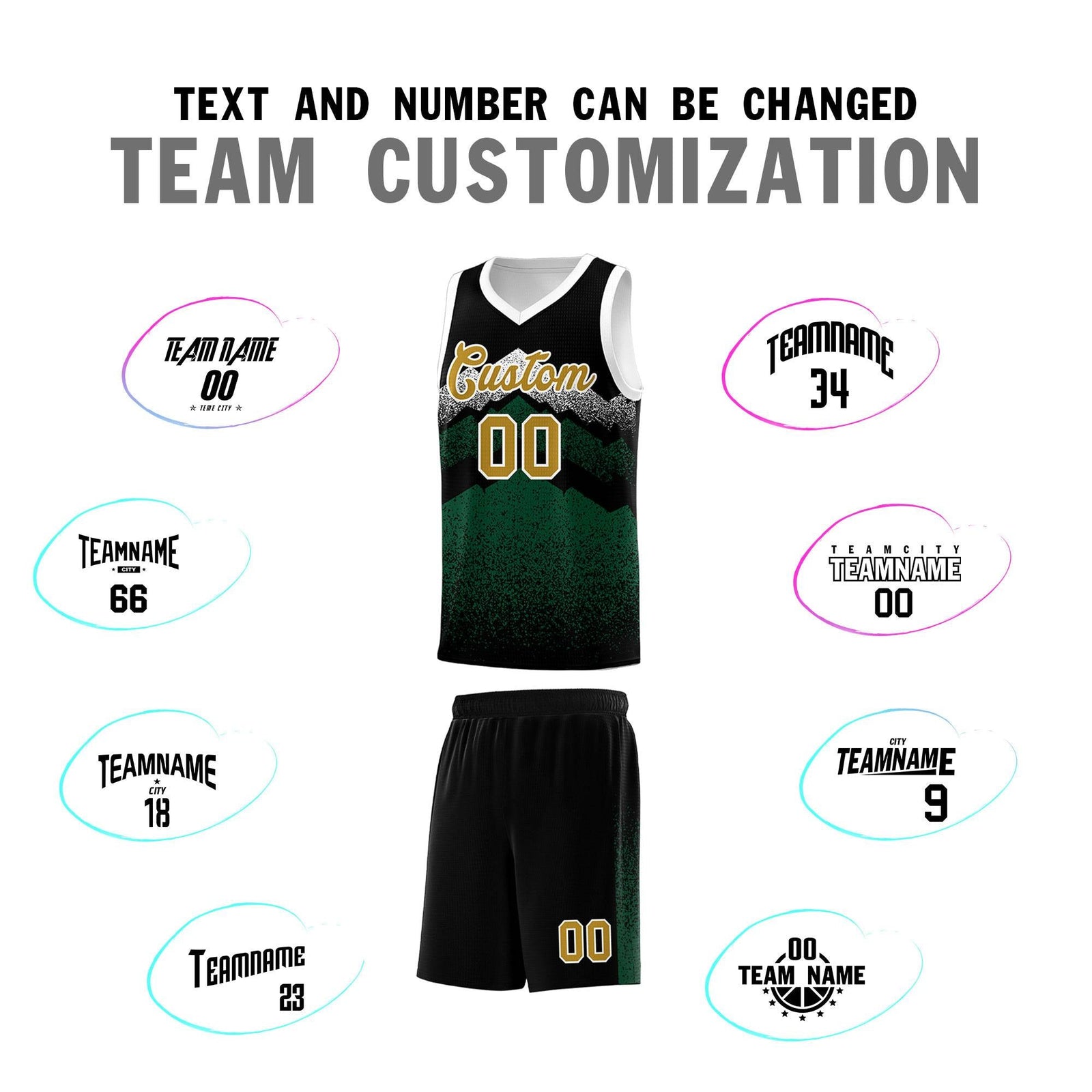 Personalized Youth Basketball Jerseys Black Green Gradient Mountain Design Uniforms