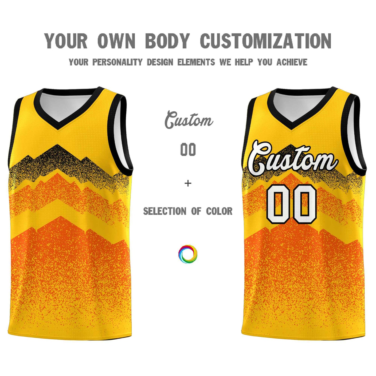 Personalized Youth Basketball Jerseys Yellow Orange Gradient Mountain Design Uniforms