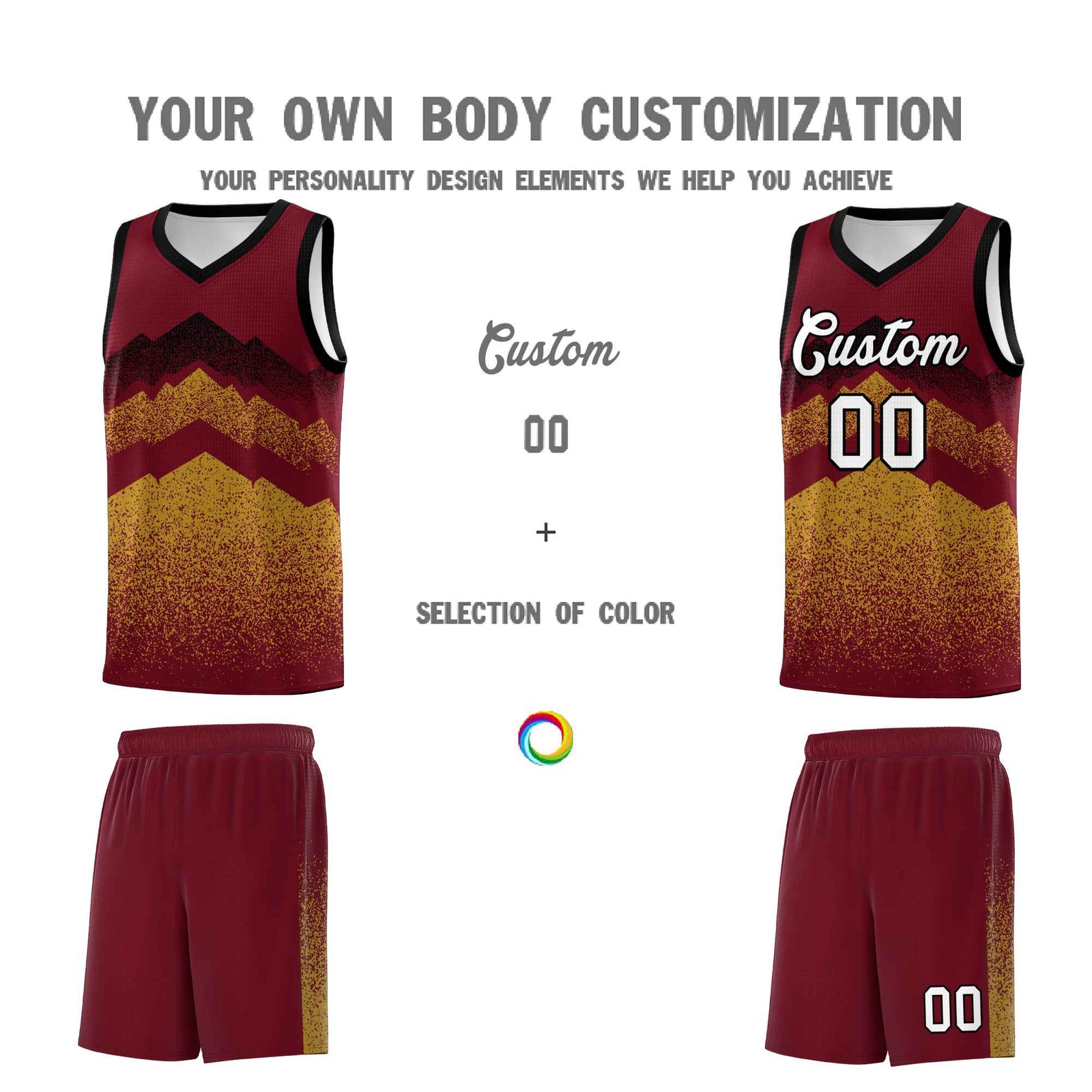 Personalized Youth Basketball Jerseys Crimson Old Gold Gradient Mountain Design Uniforms